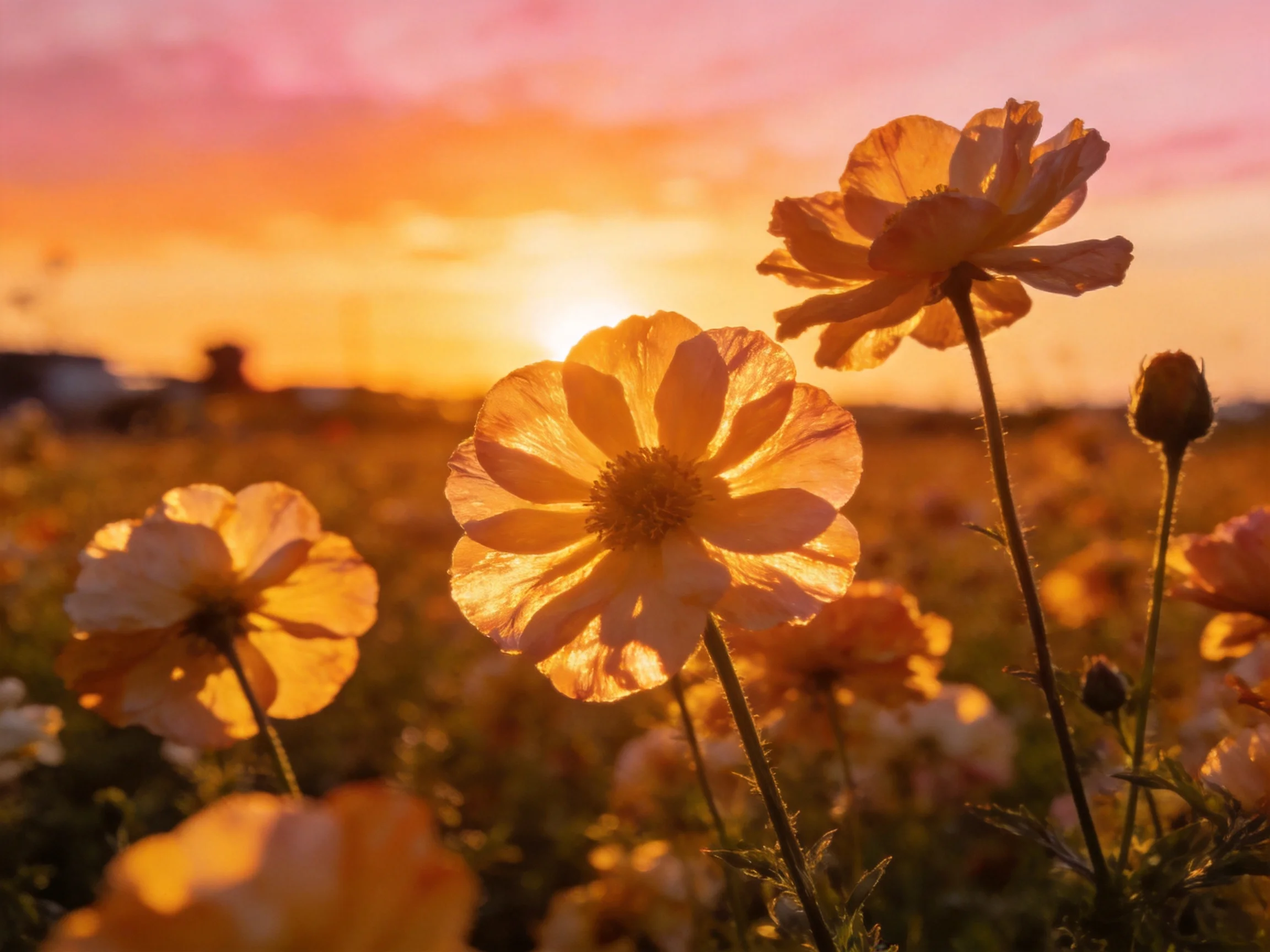 Golden-hued flowers bloom in a field during a vibrant sunset
