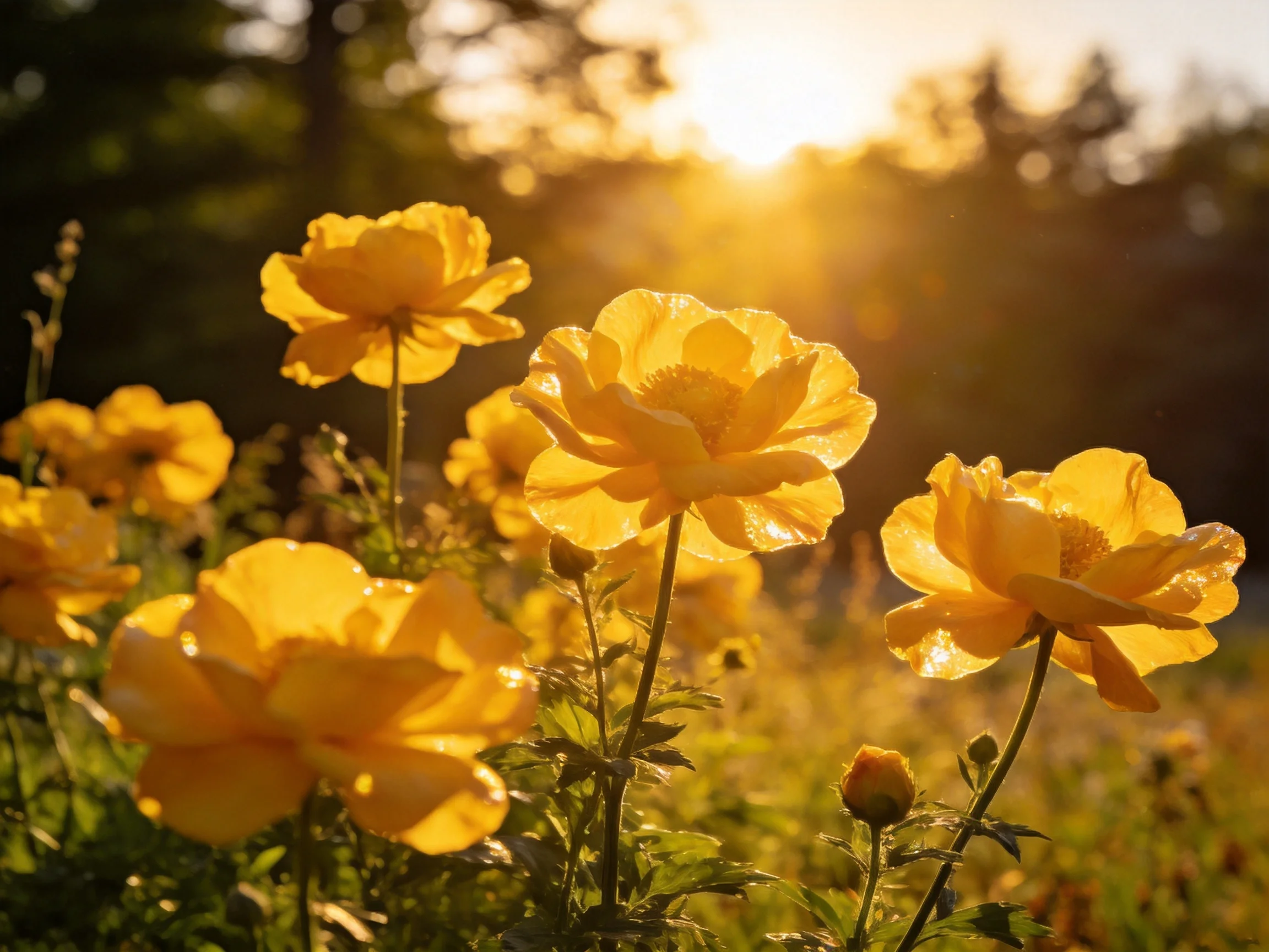 Golden-hued flowers bloom in a sunlit meadow