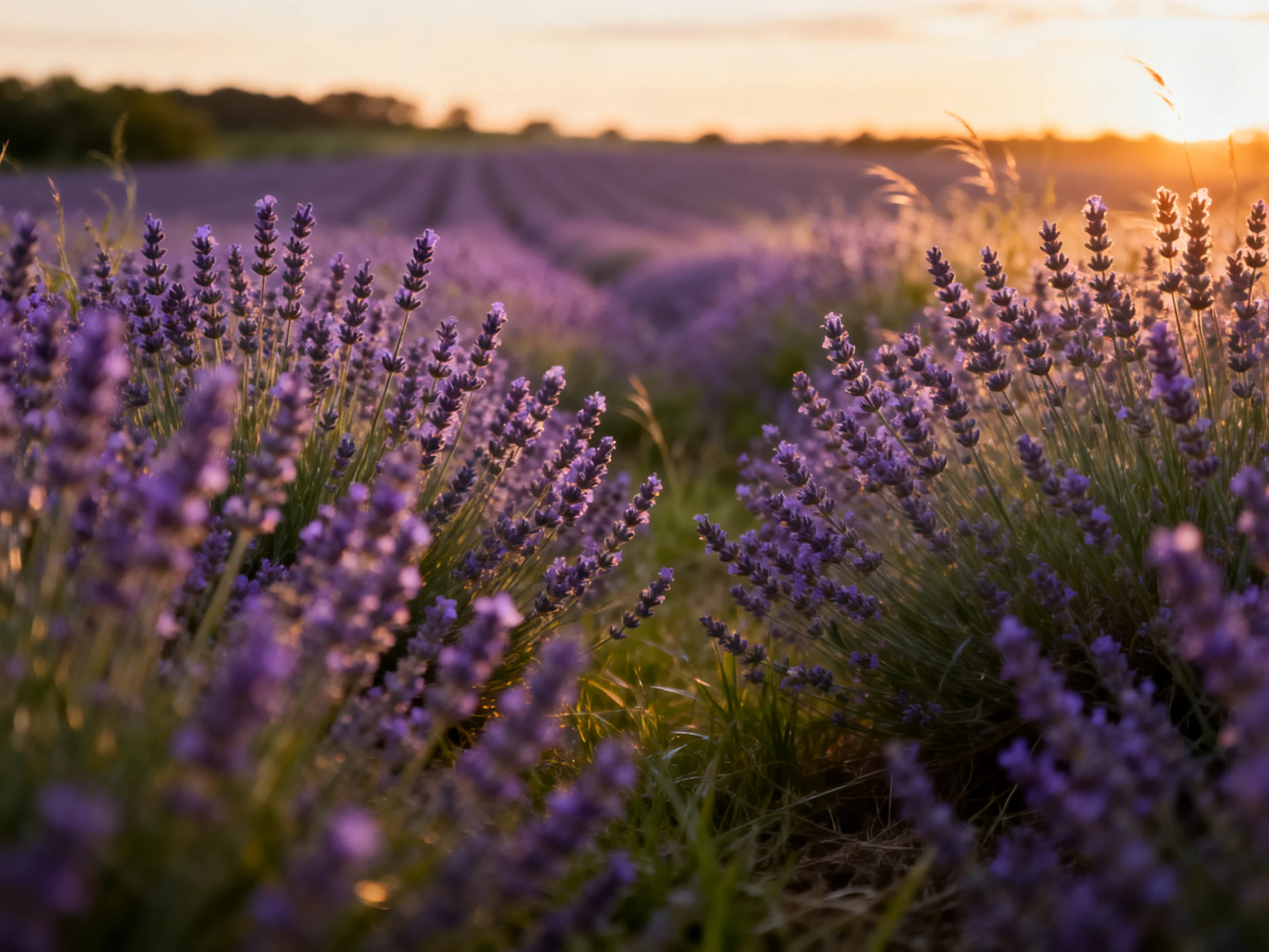 Golden-hued lavender fields stretch toward a glowing sunset