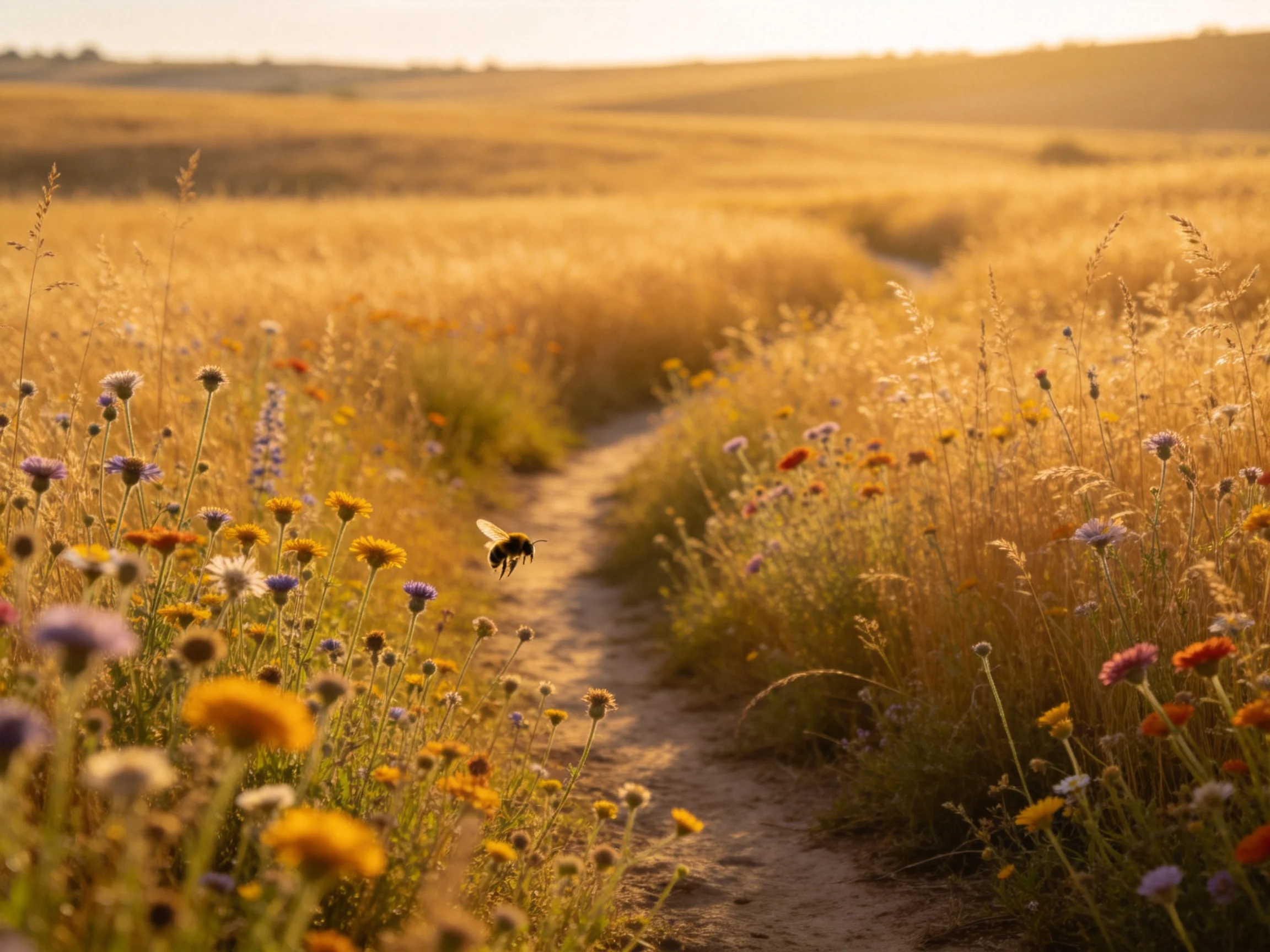 Golden-hued meadow with vibrant wildflowers, winding dirt path, and a flying bee