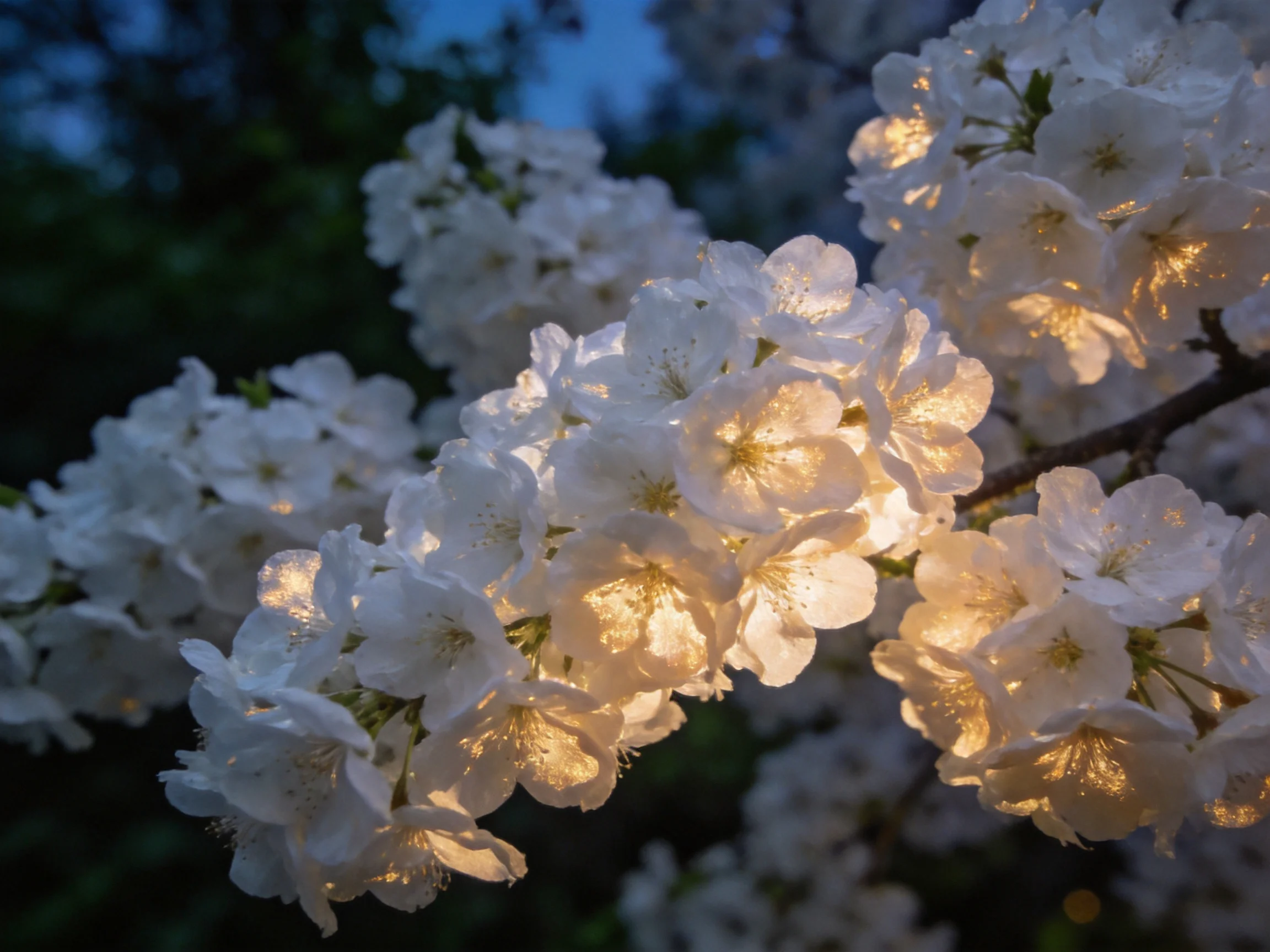 Golden-hued white cherry blossoms illuminated by evening light