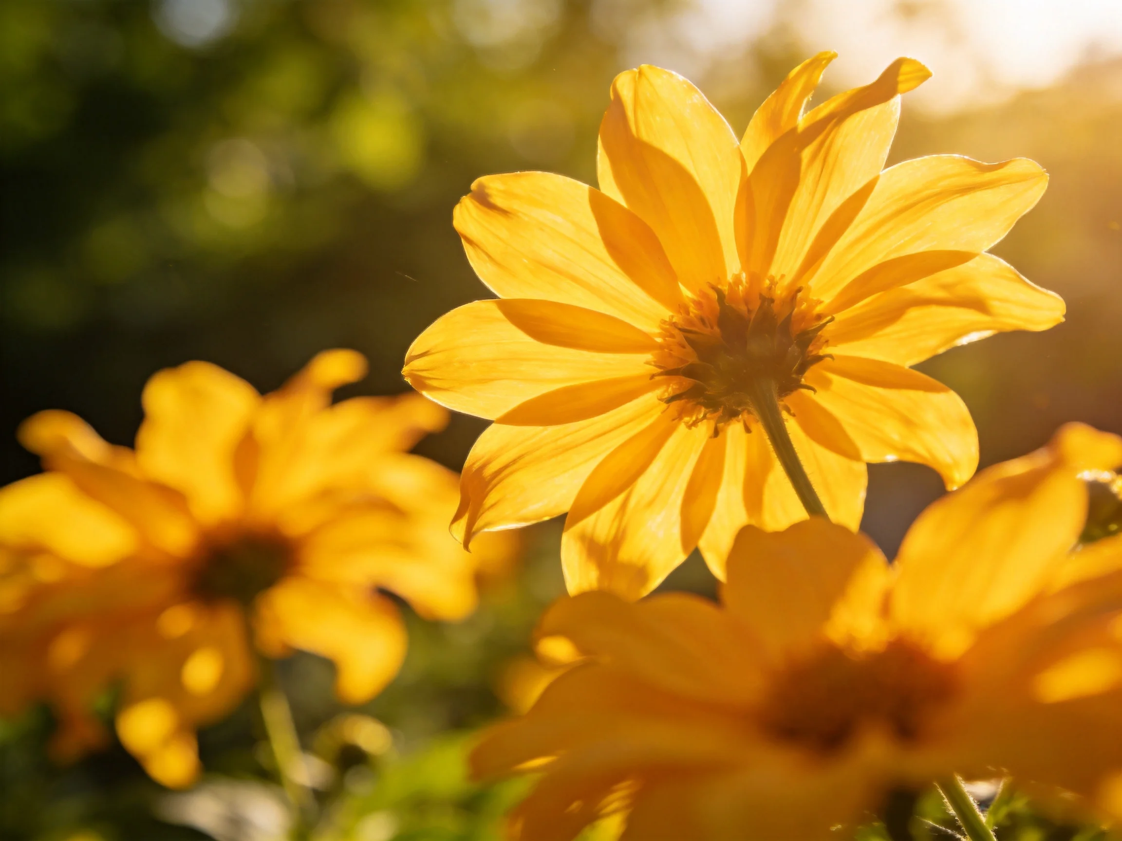 Golden-hued yellow flowers illuminated by warm sunlight