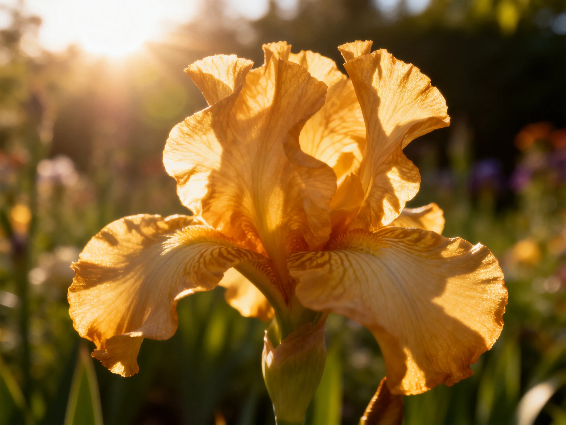 Golden iris blooms bathed in warm sunlight