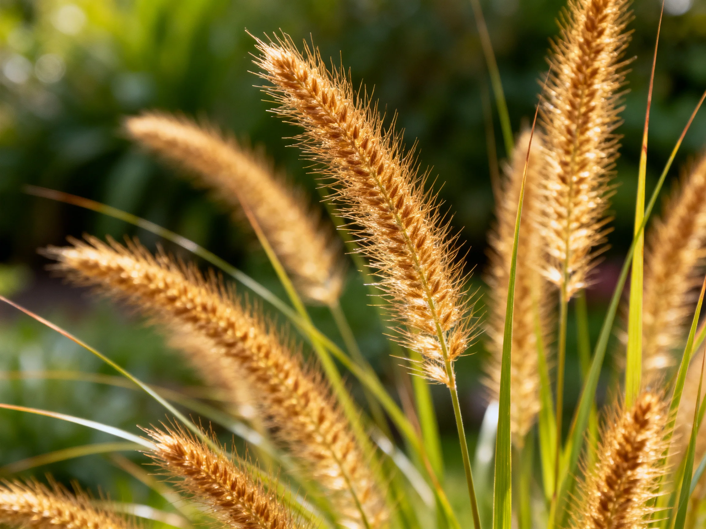 Golden pampas grass spikes with vibrant green stems under soft sunlight