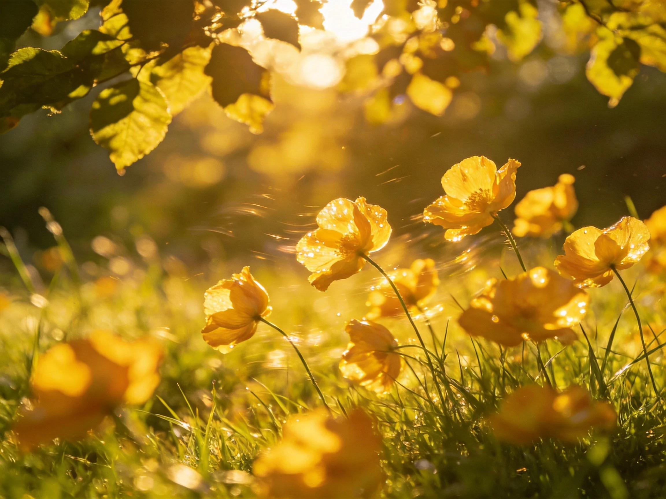 Golden poppies glow amid sunlit greenery and dappled light
