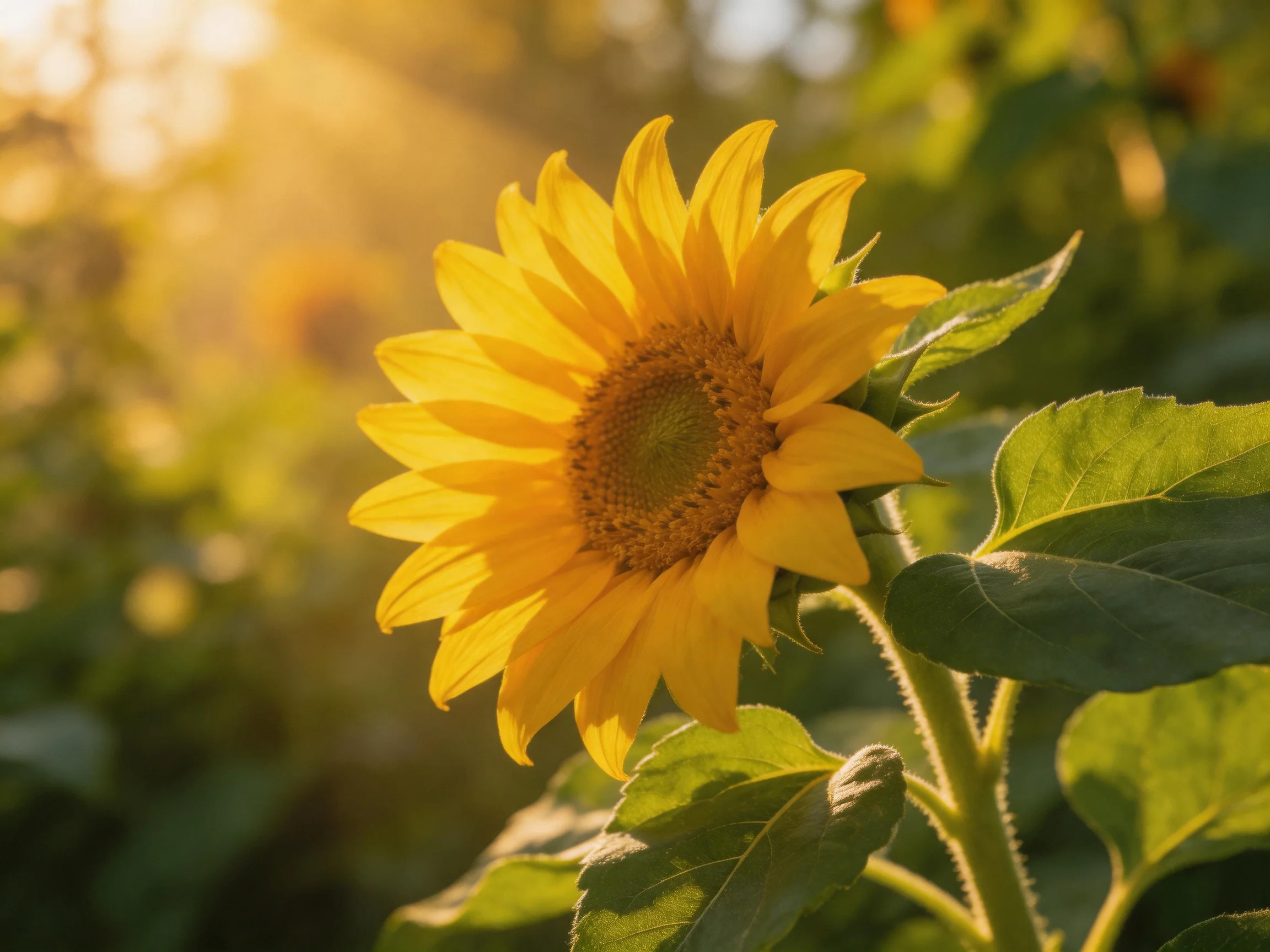 Golden sunflower blooms with lush green foliage under warm sunlight