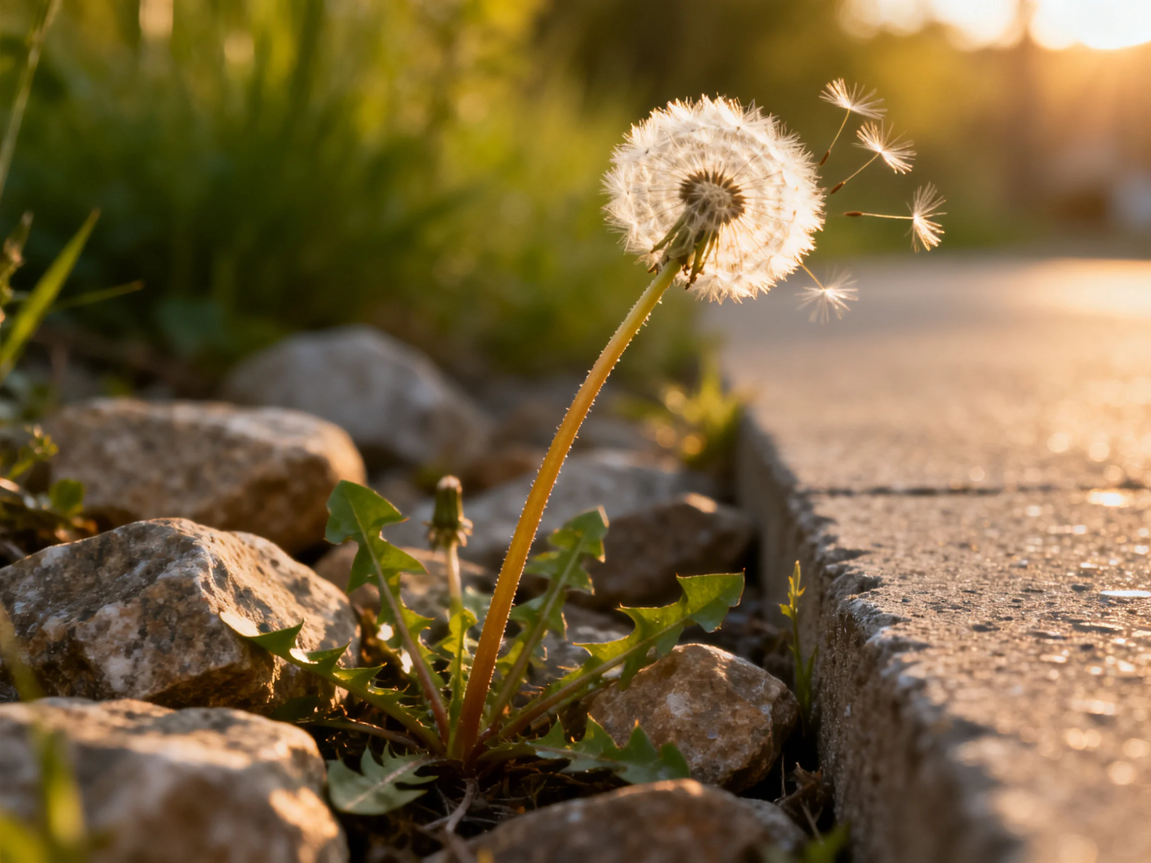 Golden sunlight highlights a dandelion seed head near rocks and pavement