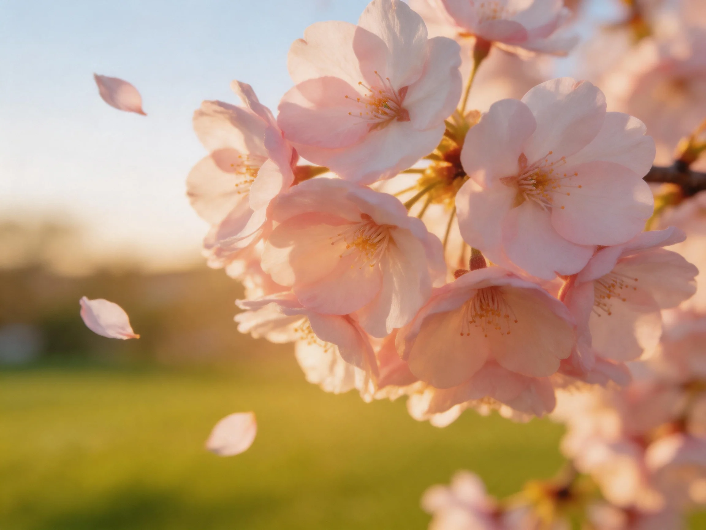 Golden sunlight highlights delicate pink cherry blossoms with falling petals