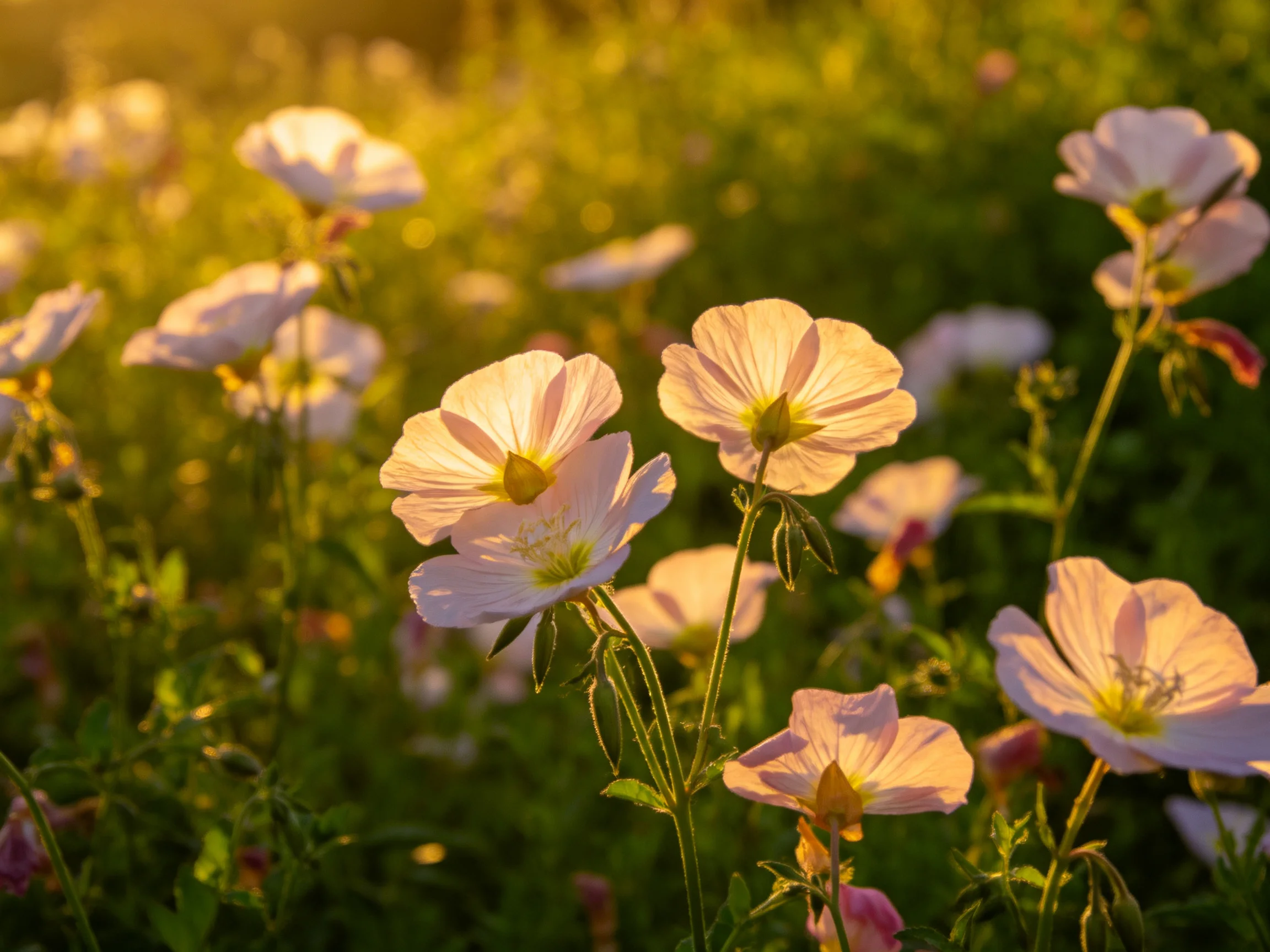 Golden sunlight highlights delicate pink wildflowers in a verdant meadow.
