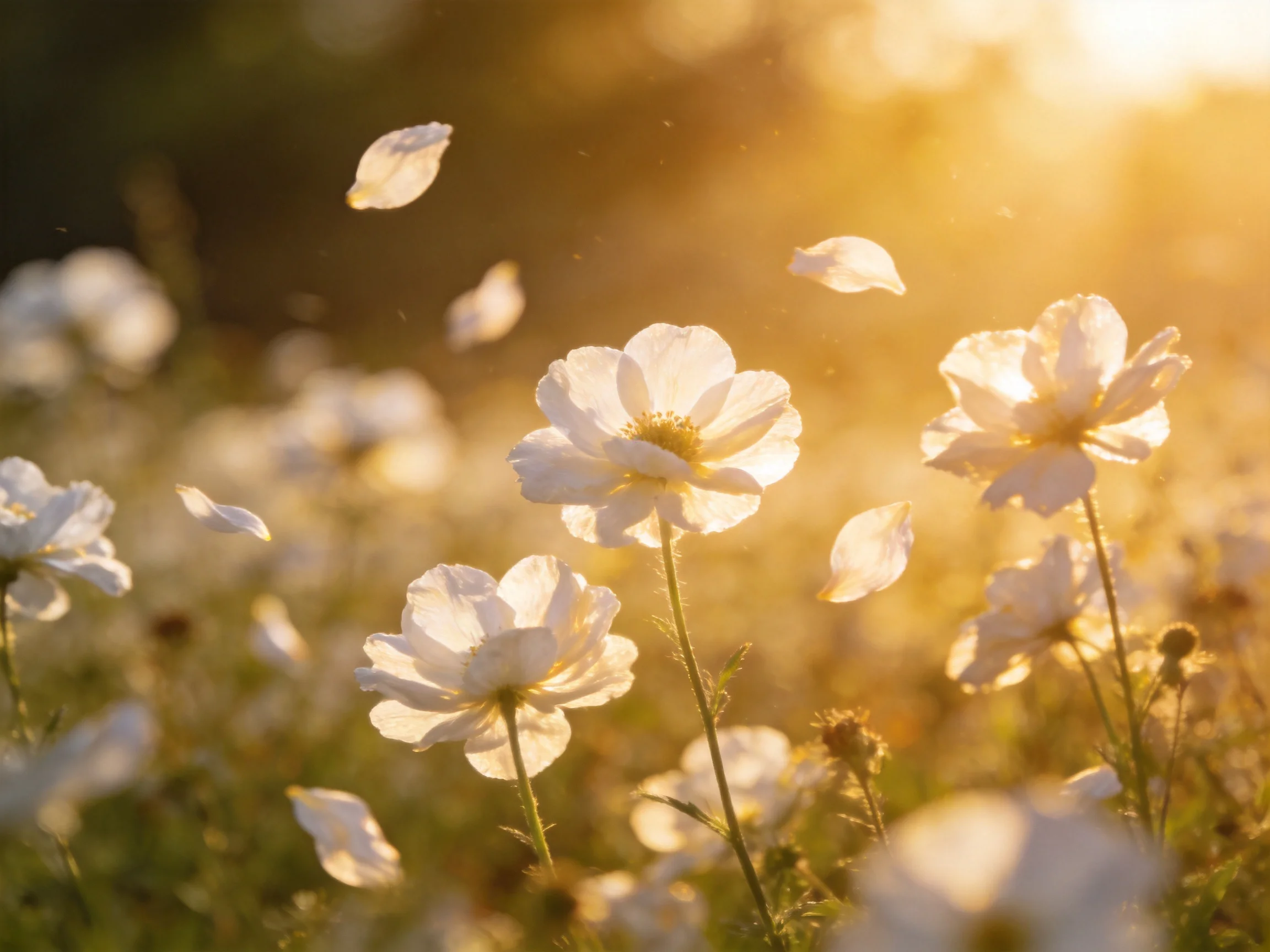 Golden sunlight illuminates a field of delicate white cosmos flowers