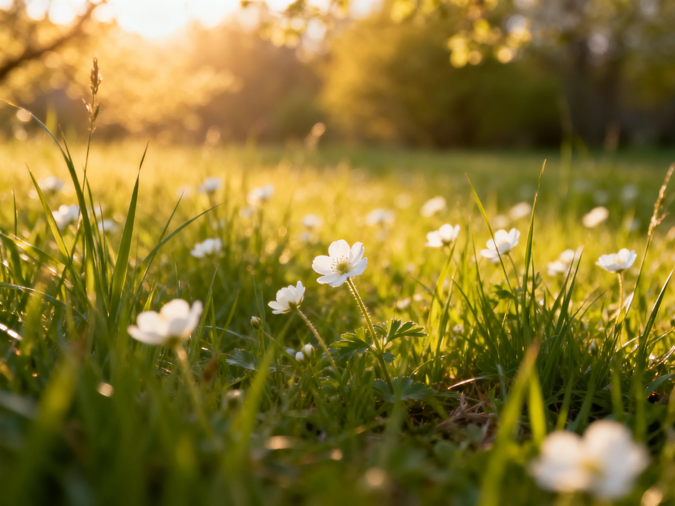 Golden sunlight illuminates a meadow of white wildflowers and lush green grass