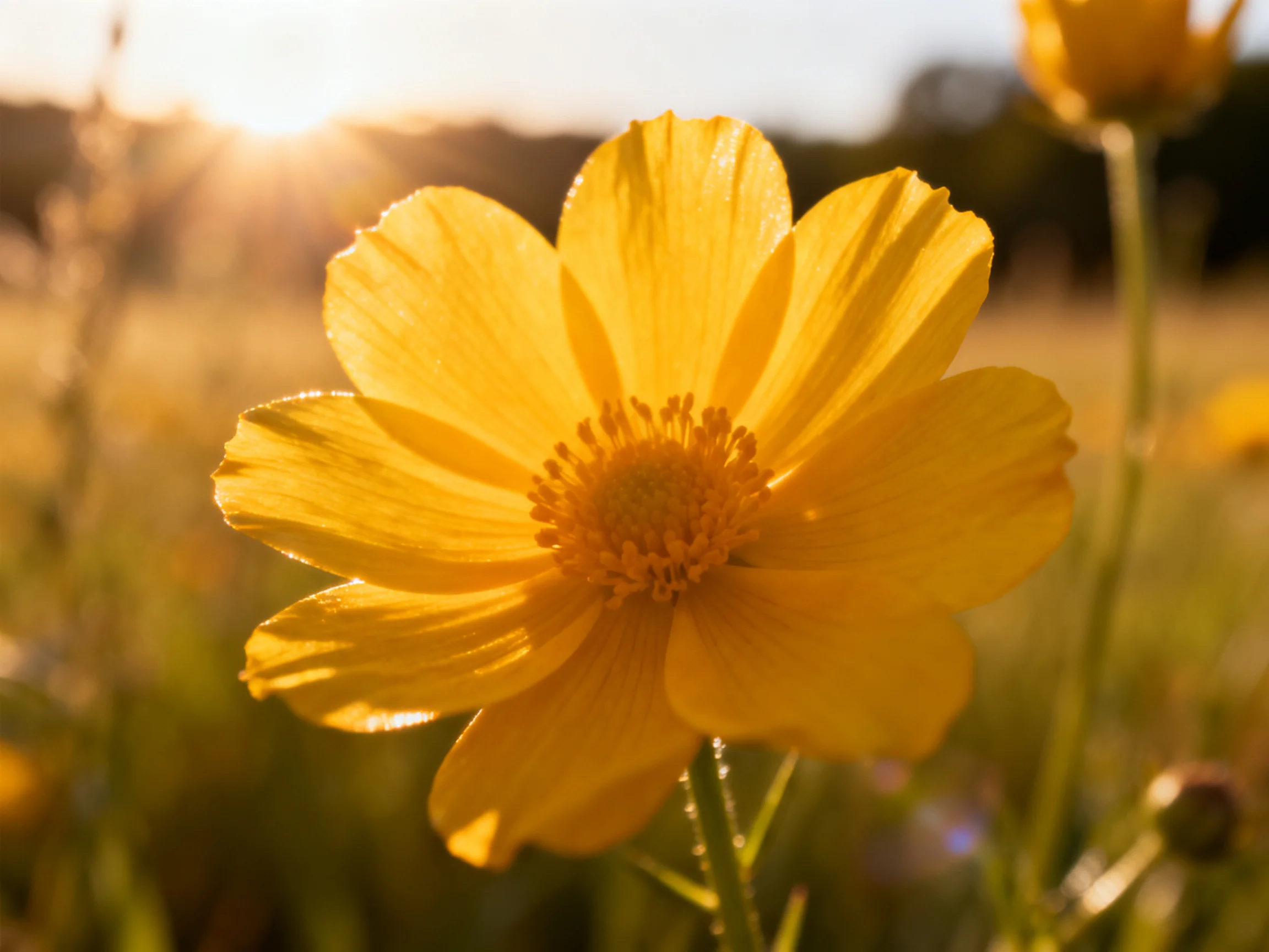 Golden sunlight illuminates a vibrant yellow flower in a sun-drenched field