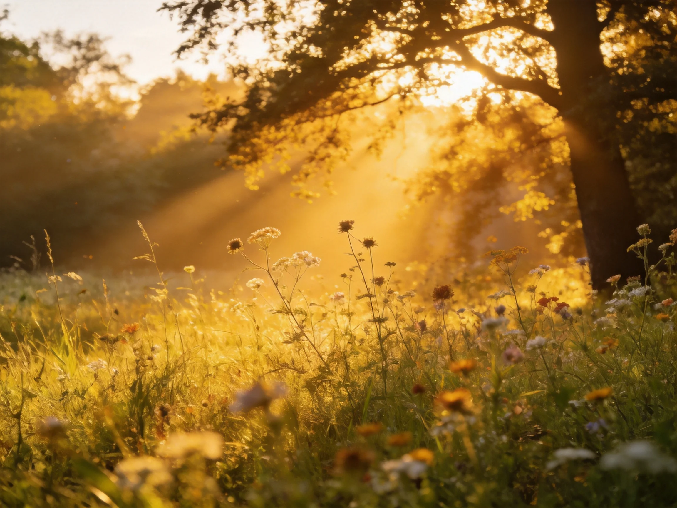 Golden sunlight illuminates a wildflower-filled meadow near a large tree
