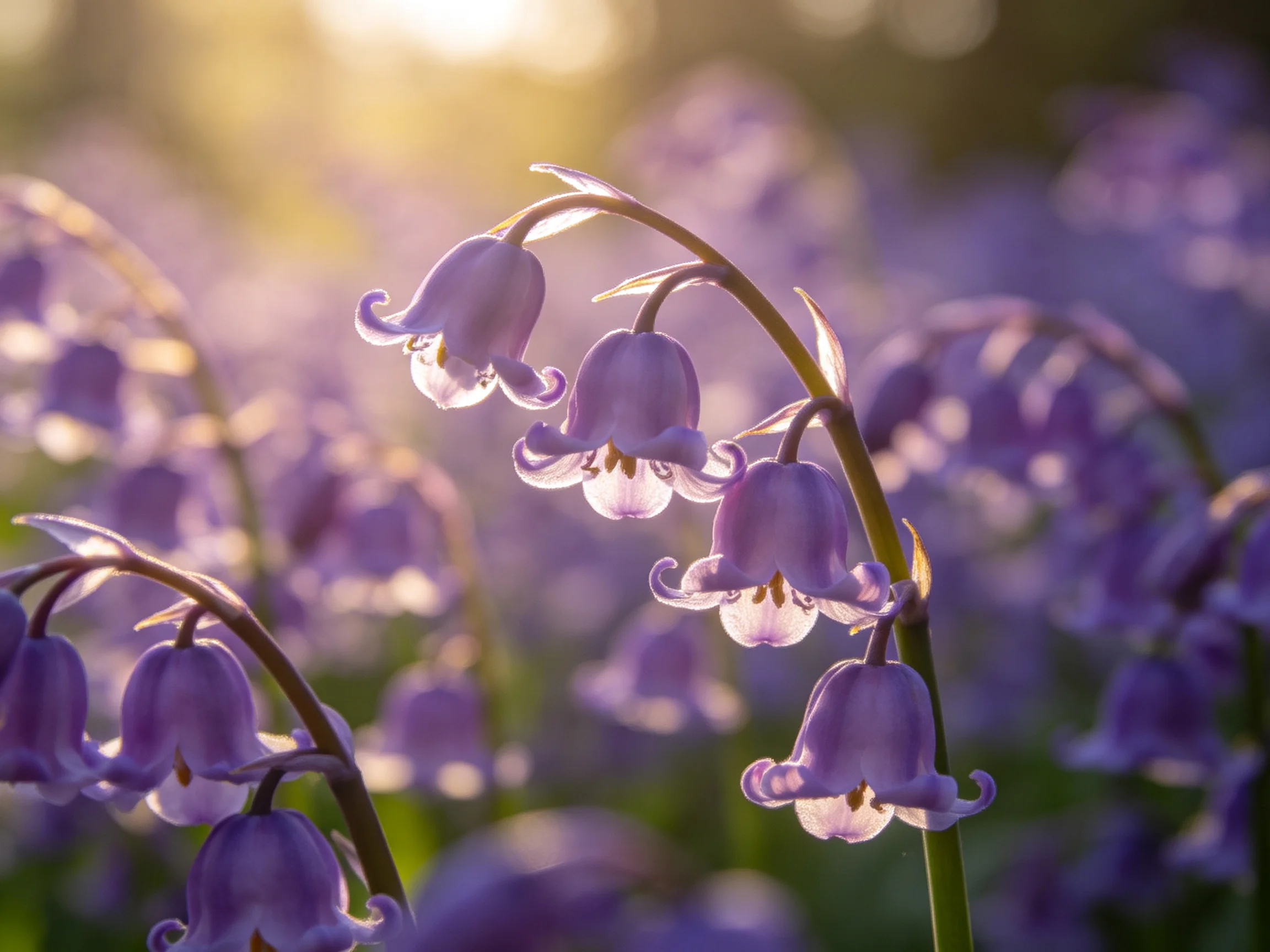 Golden sunlight illuminates clusters of purple bell-shaped flowers