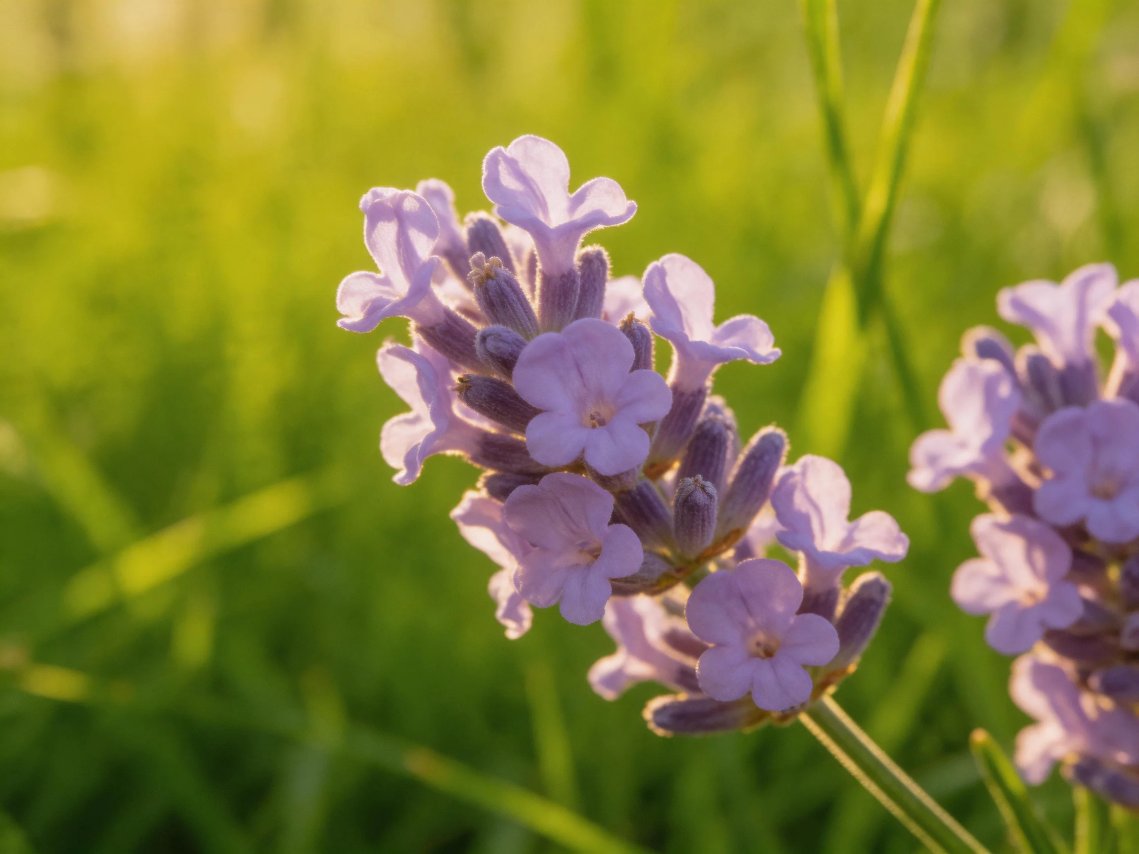 Golden sunlight illuminates delicate purple lavender clusters in a green meadow