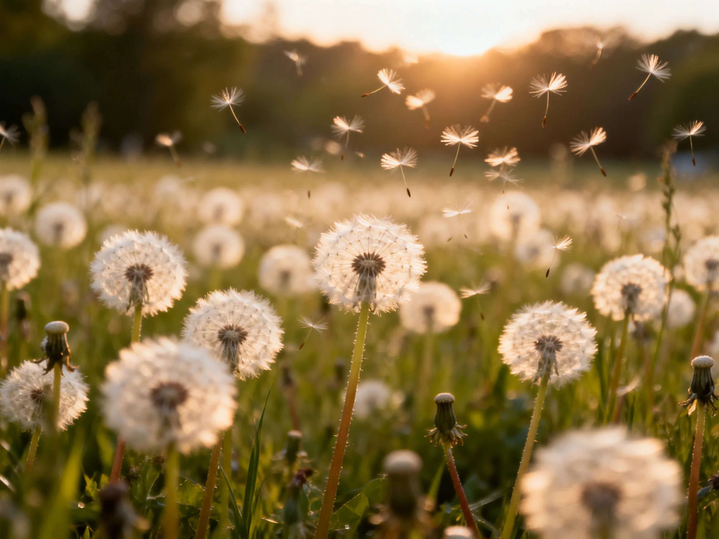 Golden sunset illuminates a field full of dandelion seed heads