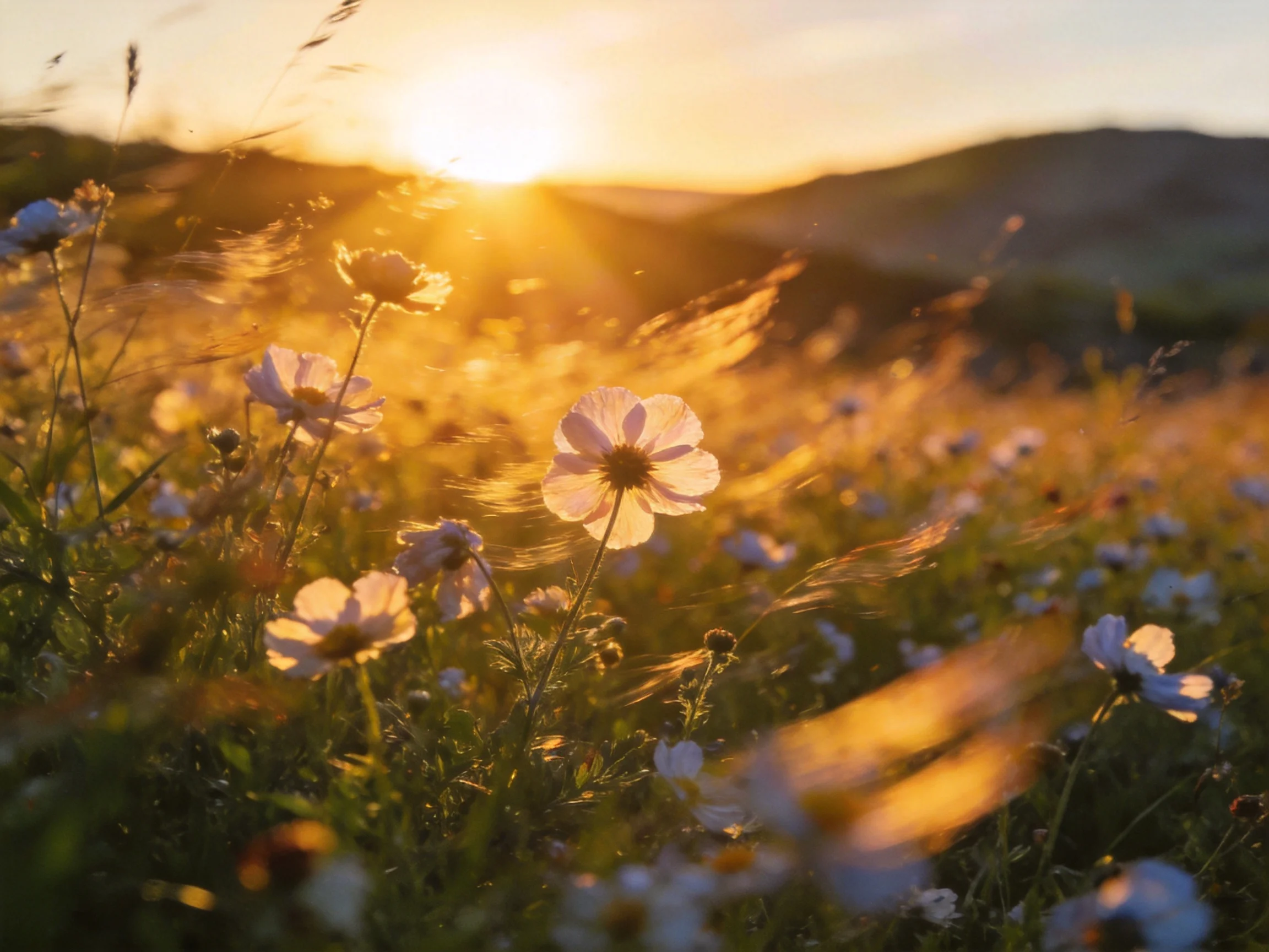 Golden sunset illuminates a field of white and pink wildflowers