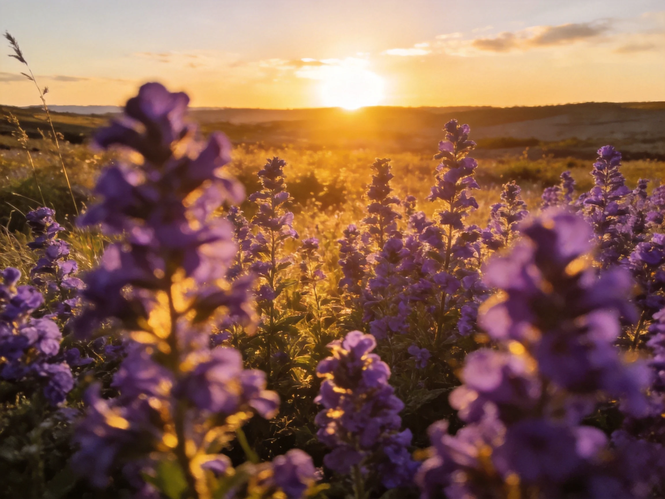 Golden sunset illuminates vibrant purple wildflowers in open field