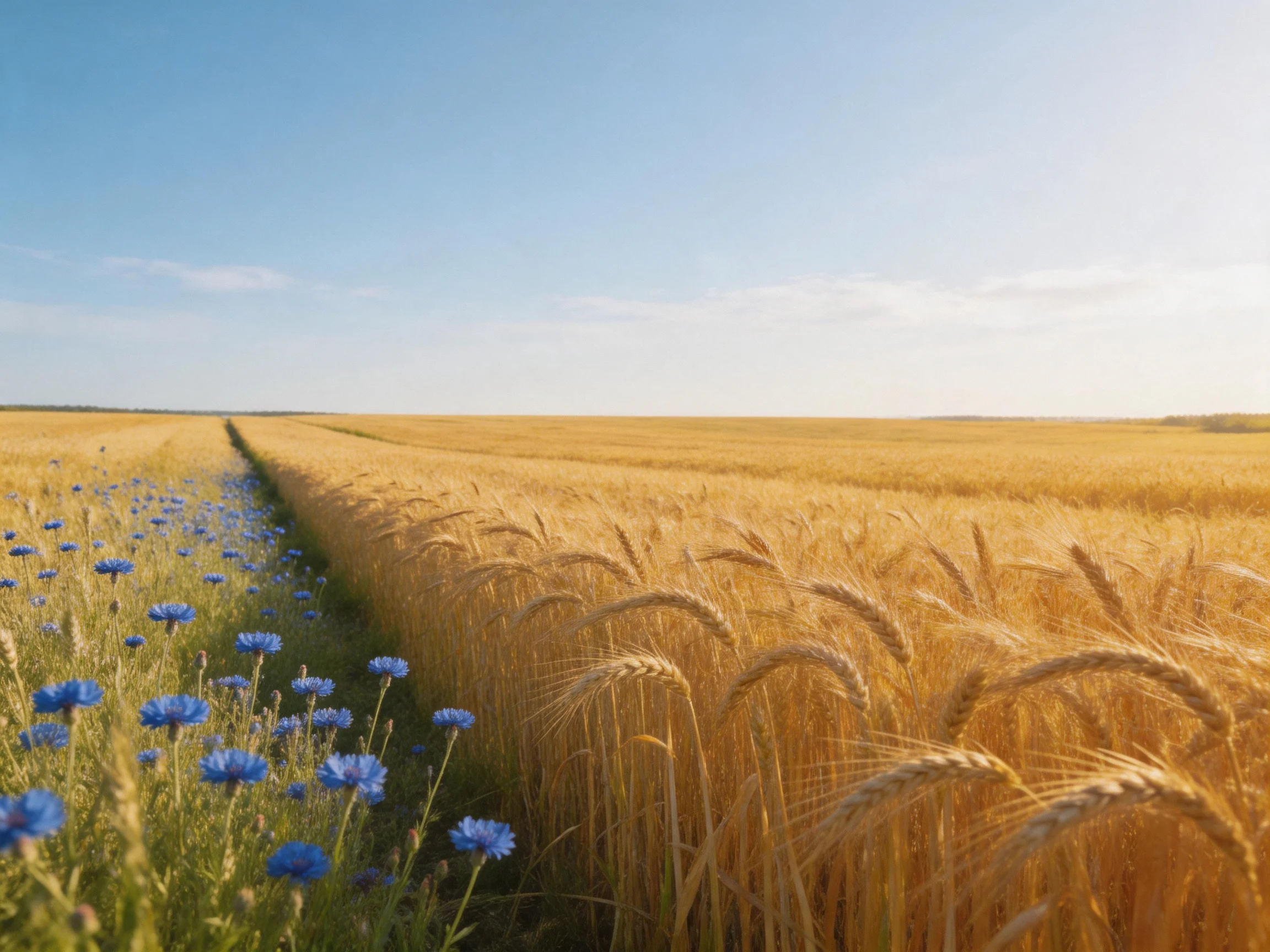 Golden wheat field with vibrant blue wildflowers under clear sky