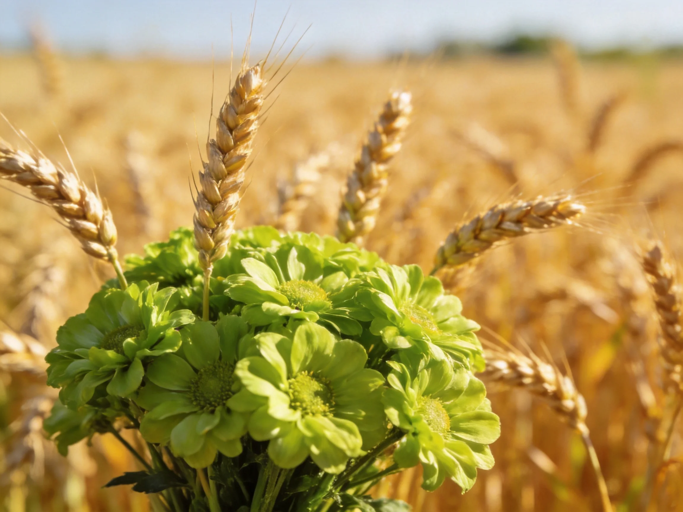Golden wheat field with vibrant green flower bouquet