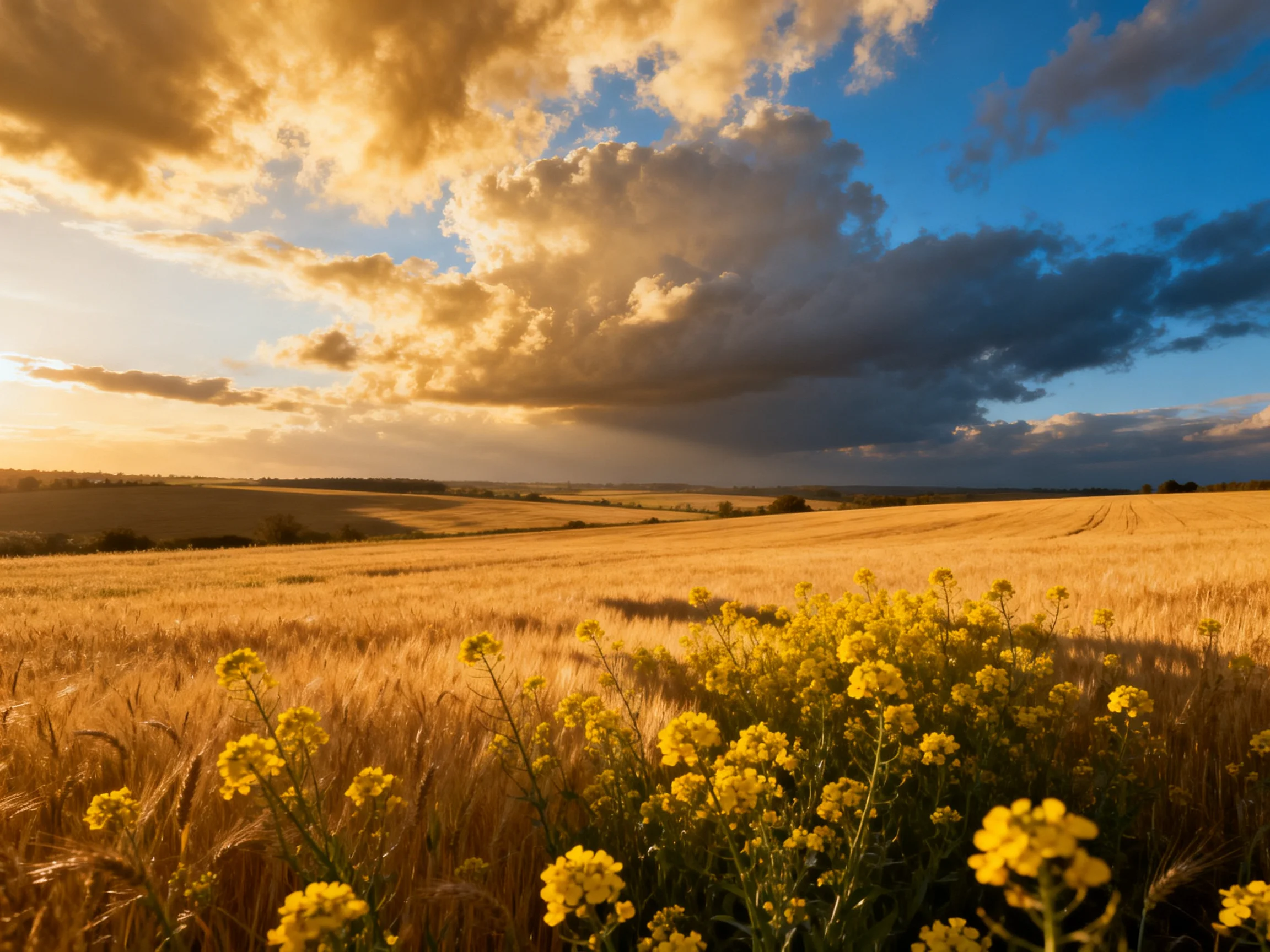 Golden wheat field with vibrant yellow blooms under dramatic sunset clouds