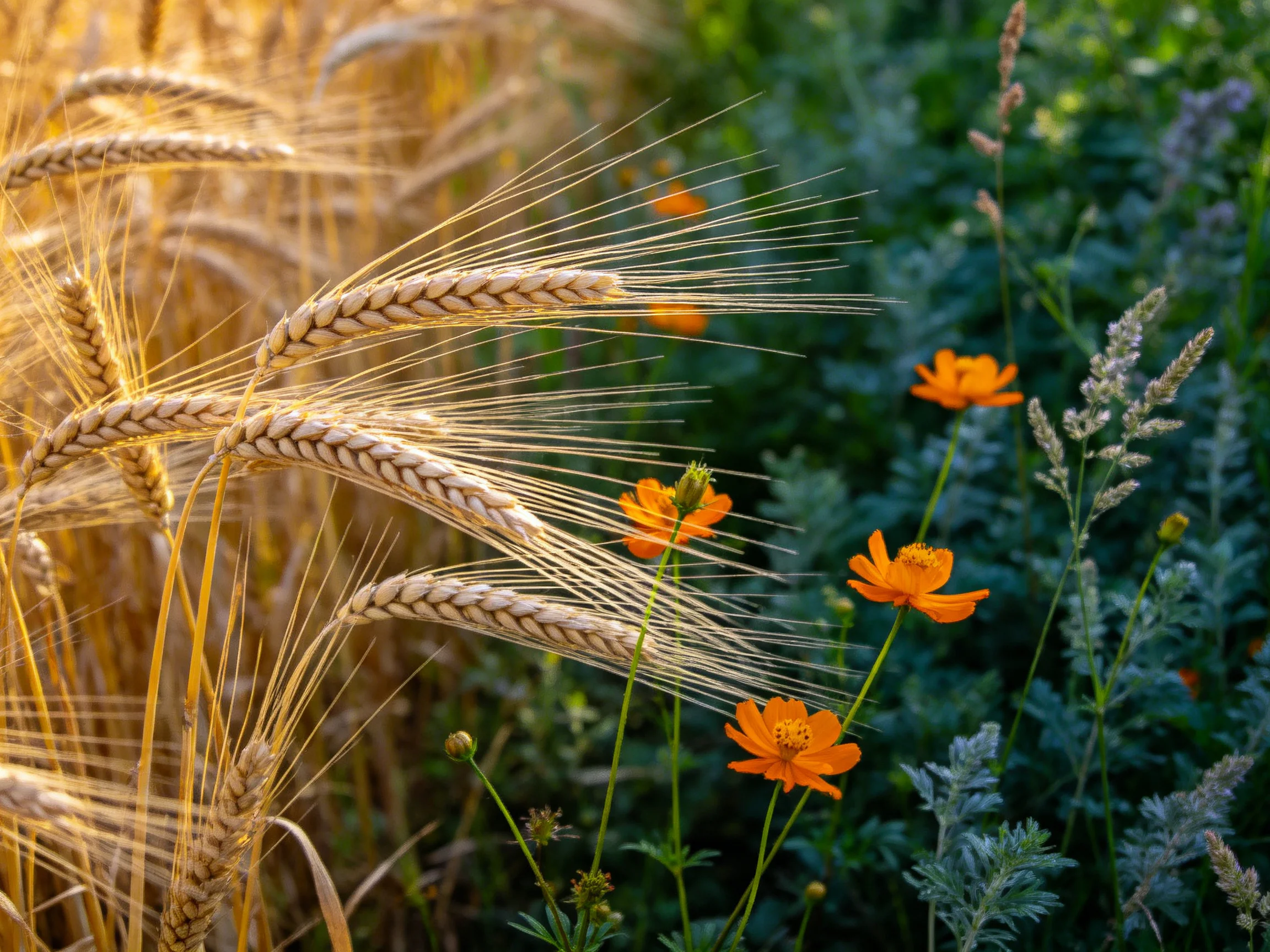 Golden wheat stalks beside vibrant orange wildflowers and lush green foliage