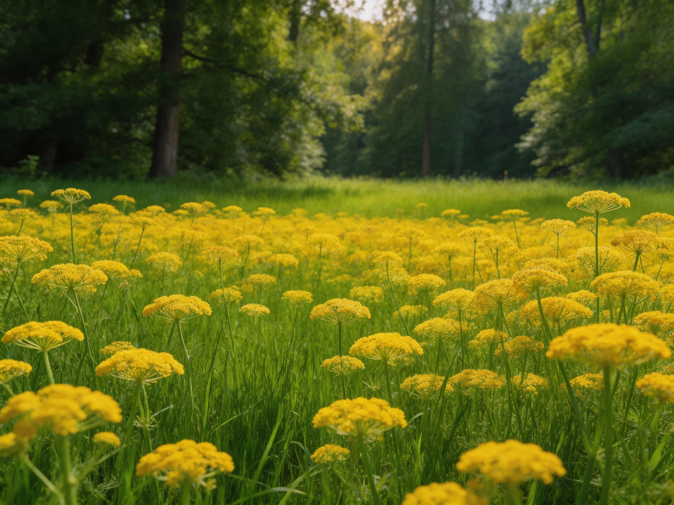 Golden wildflower clusters fill a forest-bordering meadow