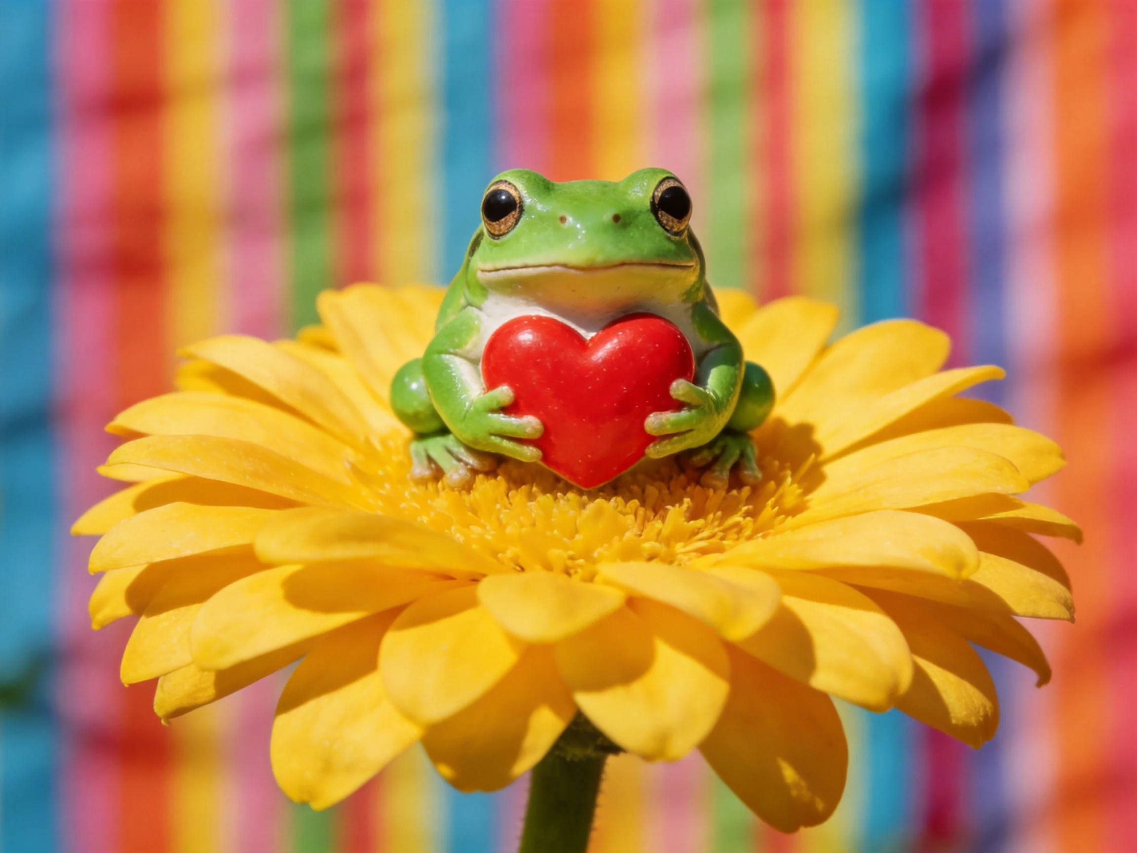 Green frog holding red heart on large yellow flower with colorful backdrop