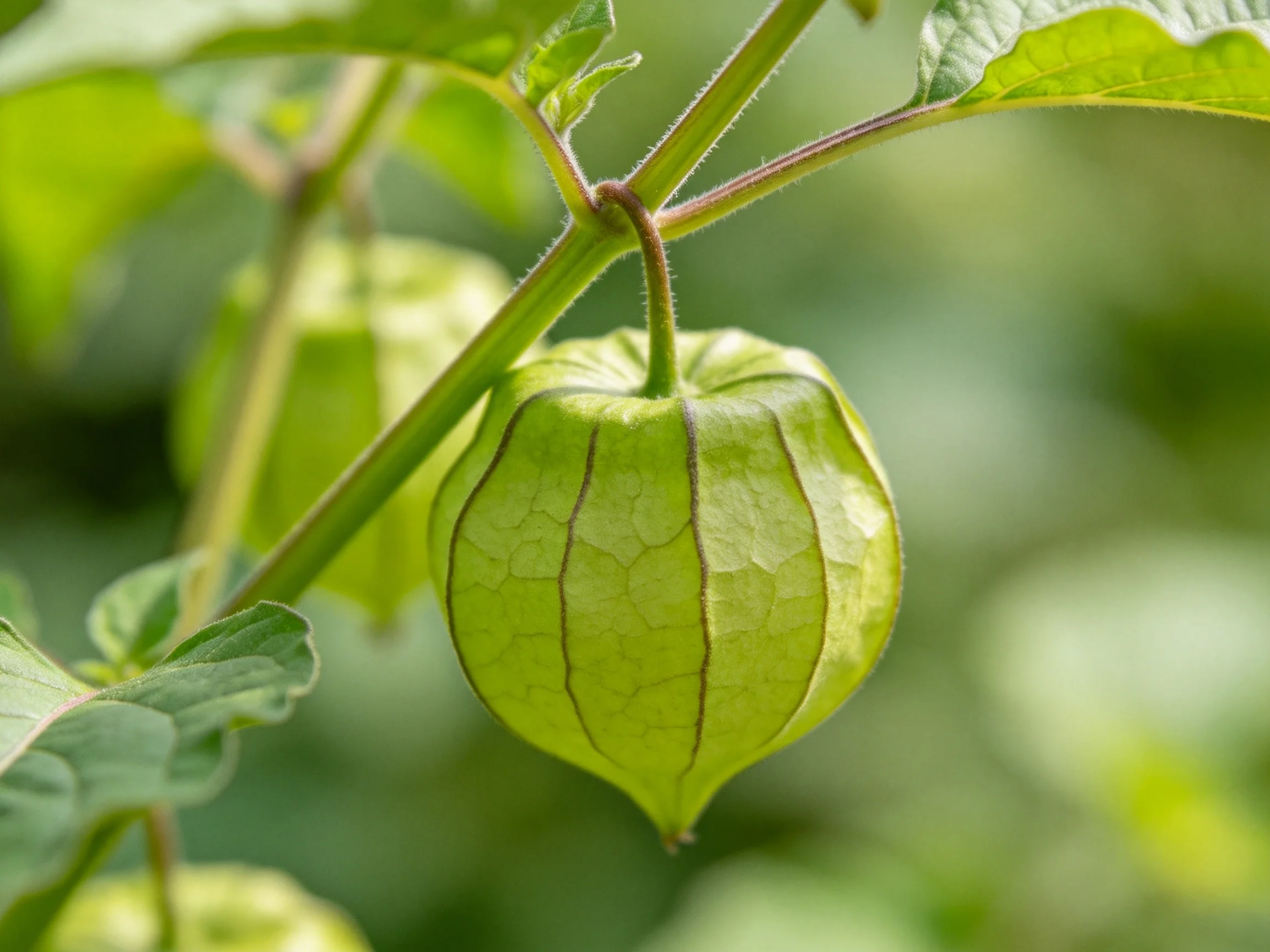 Green physalis fruits hanging from a leafy vine