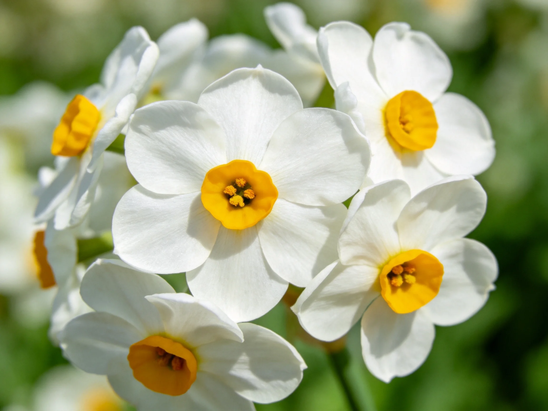 Group of white daffodil blooms with sunny yellow centers