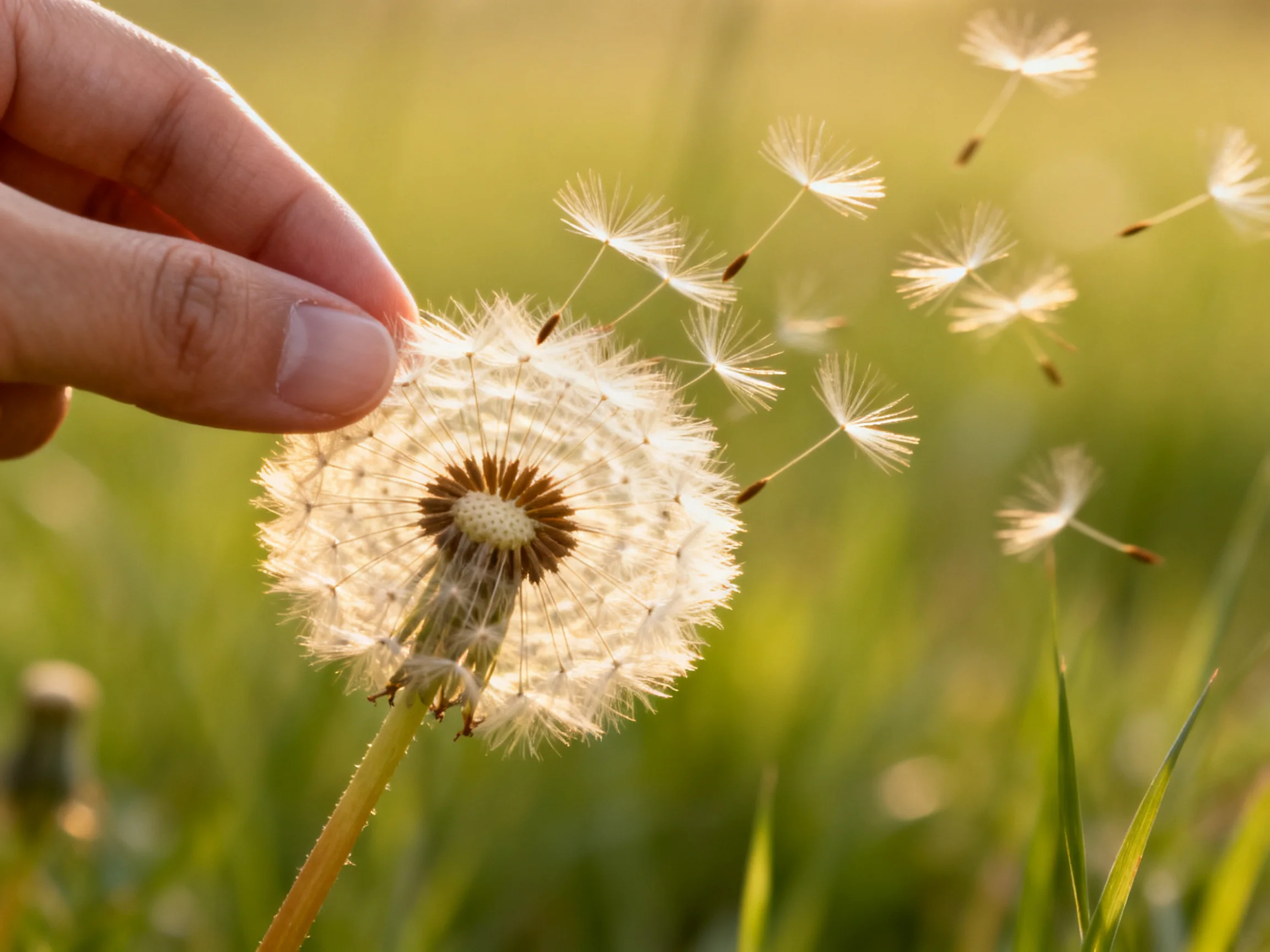 Hand touches a glowing dandelion seed head in a sunlit meadow