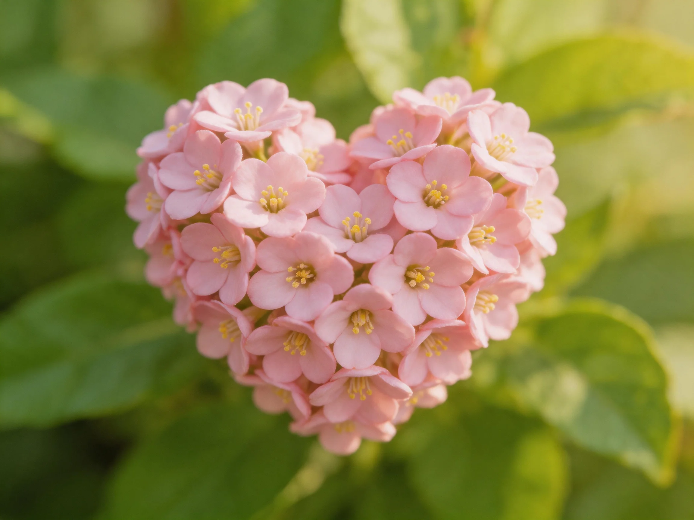 Heart - shaped cluster of soft pink flowers with green foliage backdrop