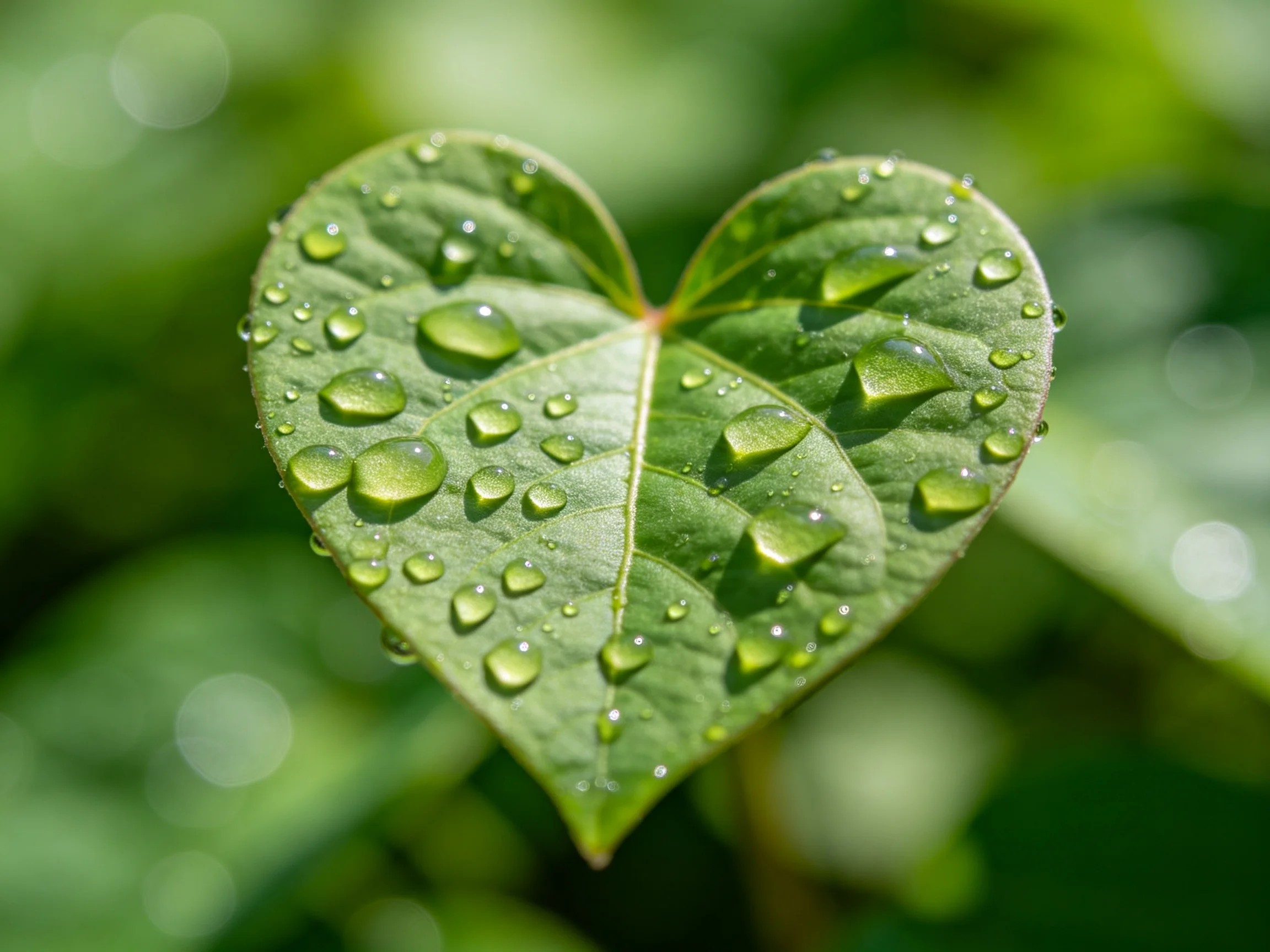 Heart - shaped green leaf covered in numerous glistening water droplets