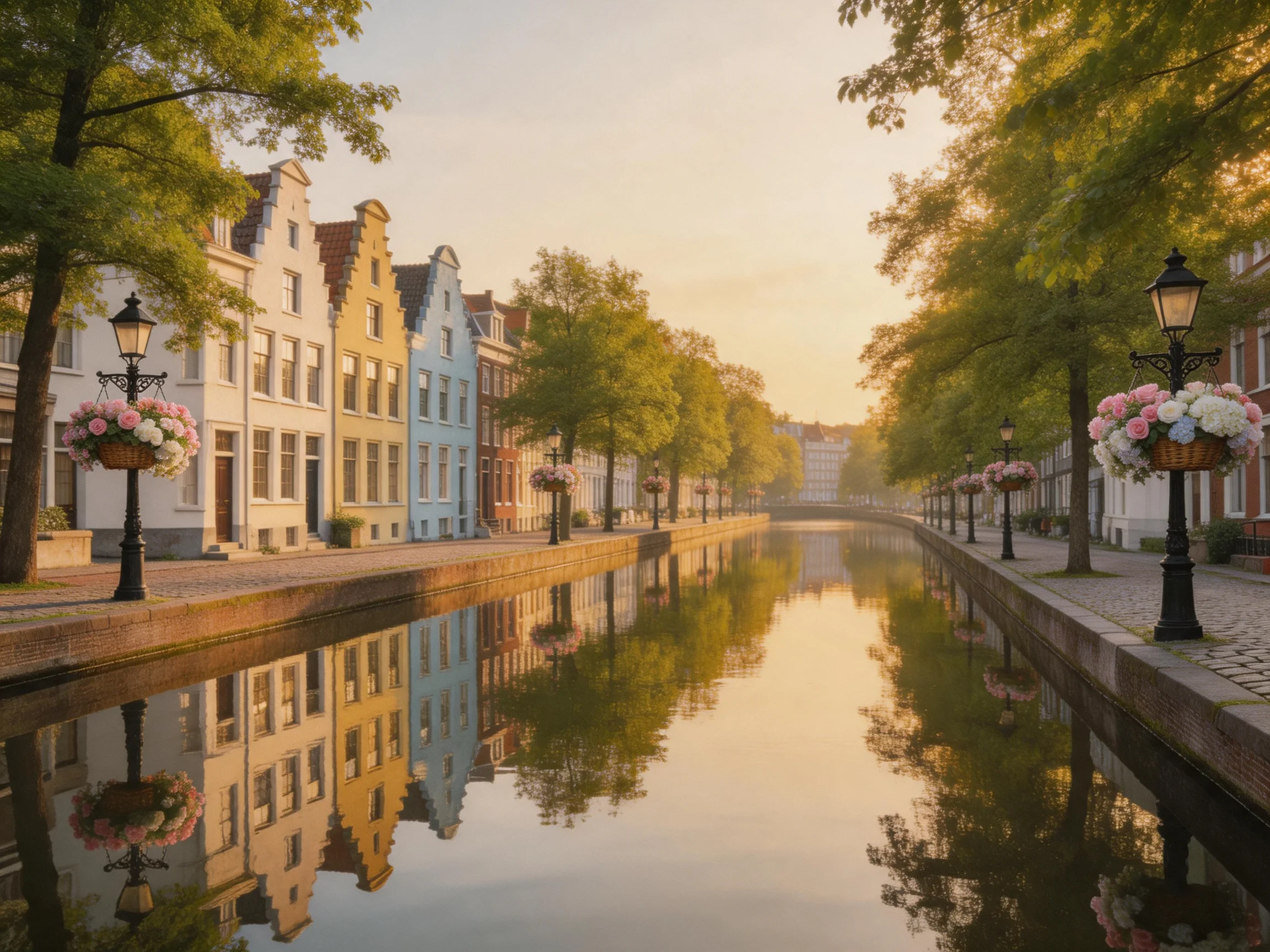 Historic buildings reflect in a calm canal beside cobblestone paths
