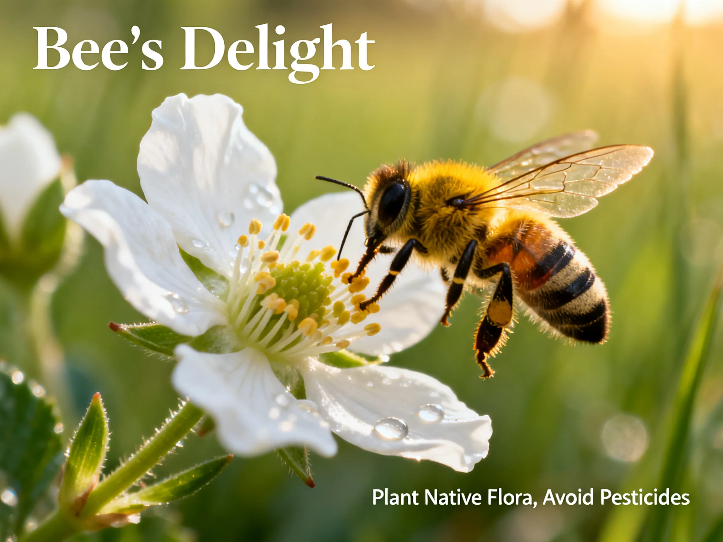 Honeybee Pollinating White Flower with Dew Drops