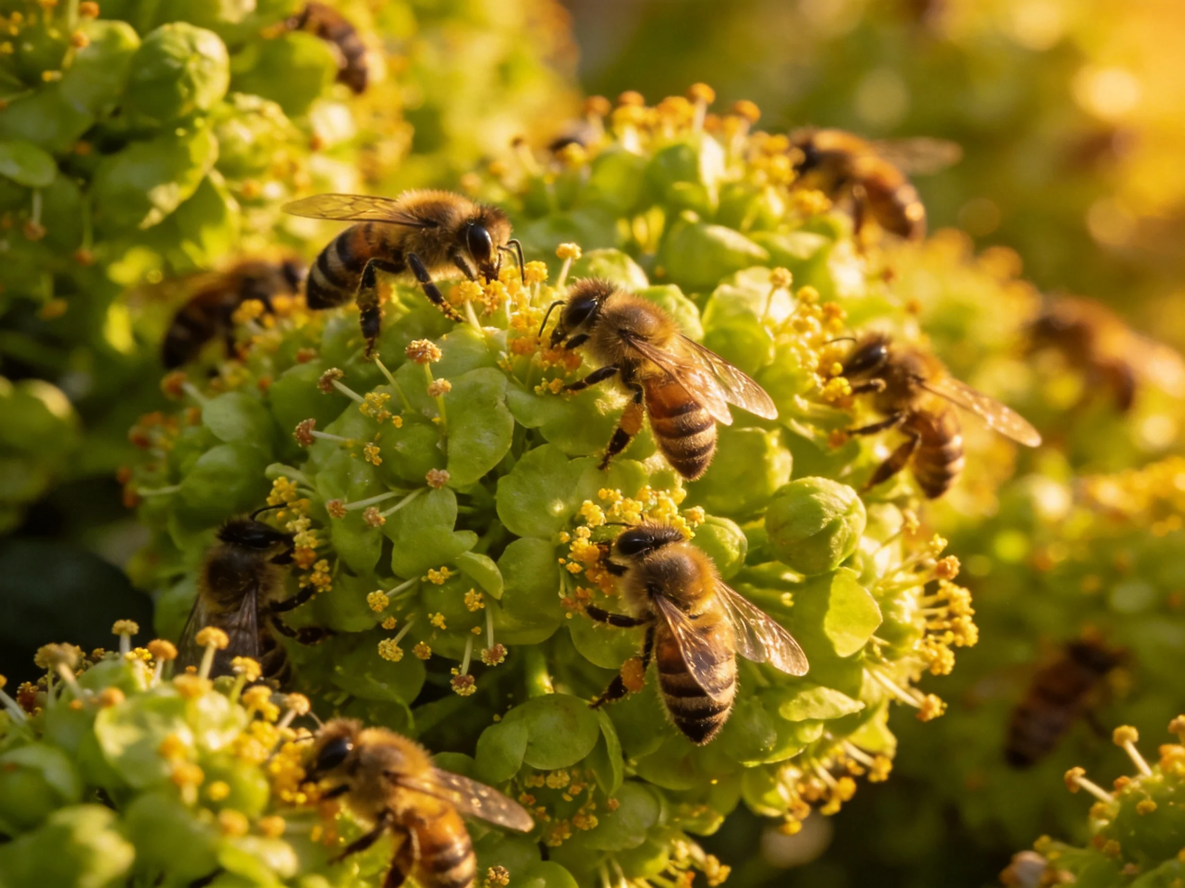 Honeybees collecting pollen from dense green and golden flowering clusters