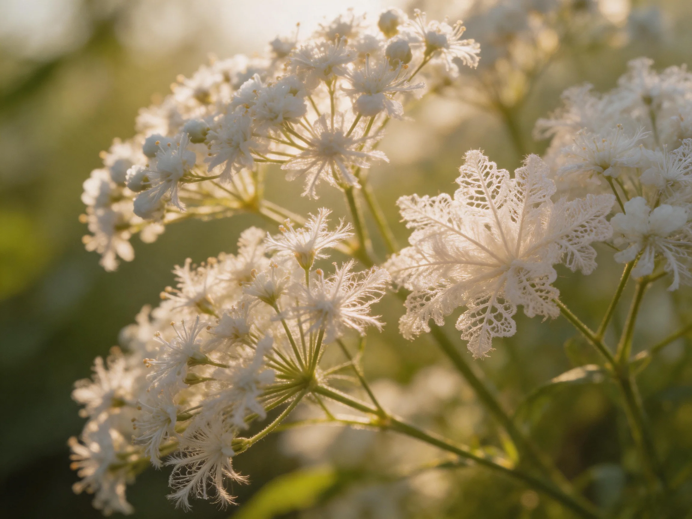 Intricate White Wildflowers Basked in Golden Morning Light