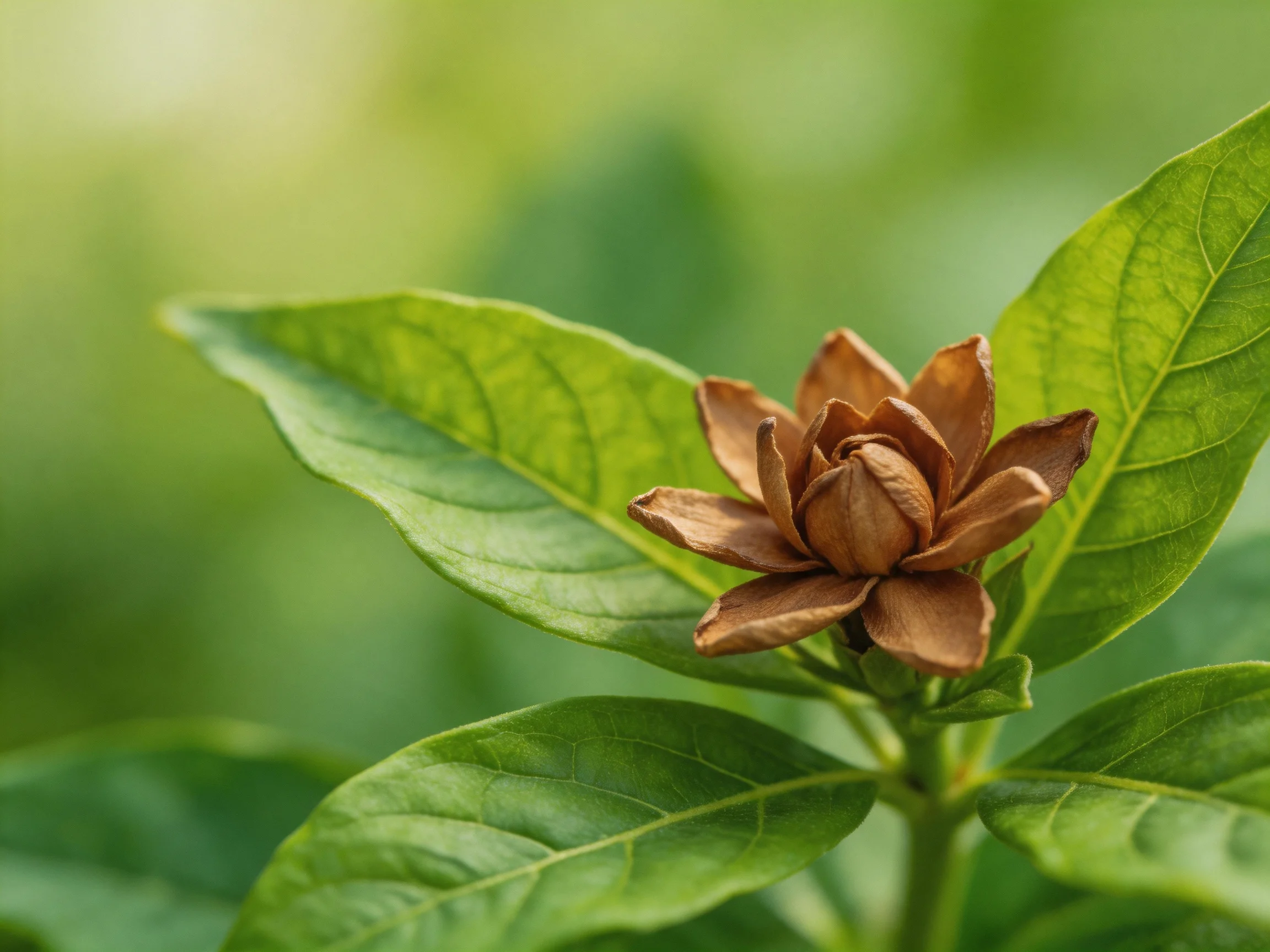 Large green leaves frame a brown flower bud in soft focus