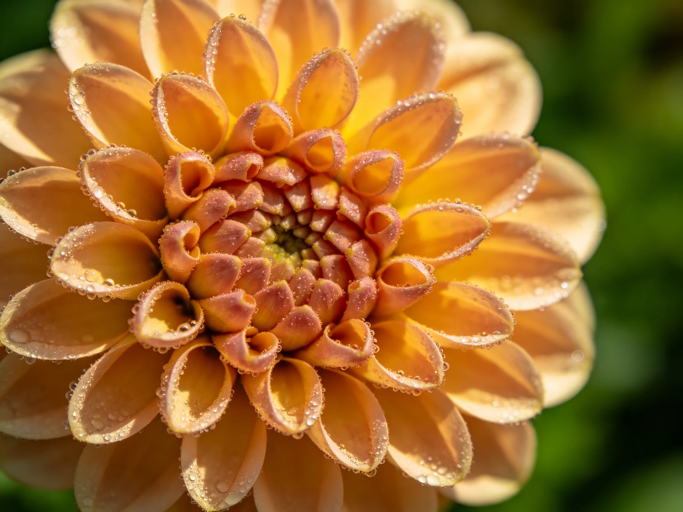 Large orange dahlia with dew - covered petals in sharp focus