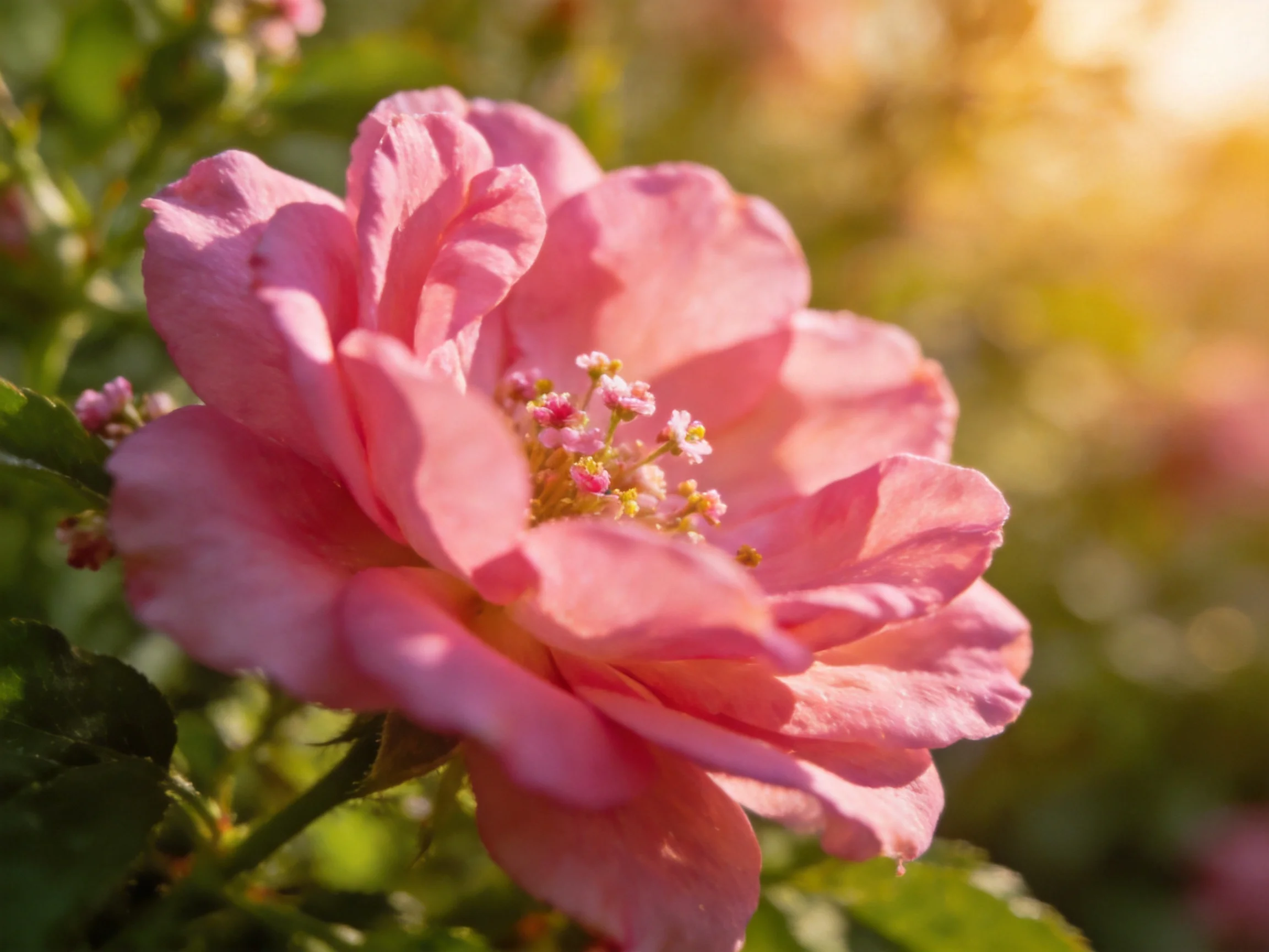 Large pink rose with green foliage under warm sunlight