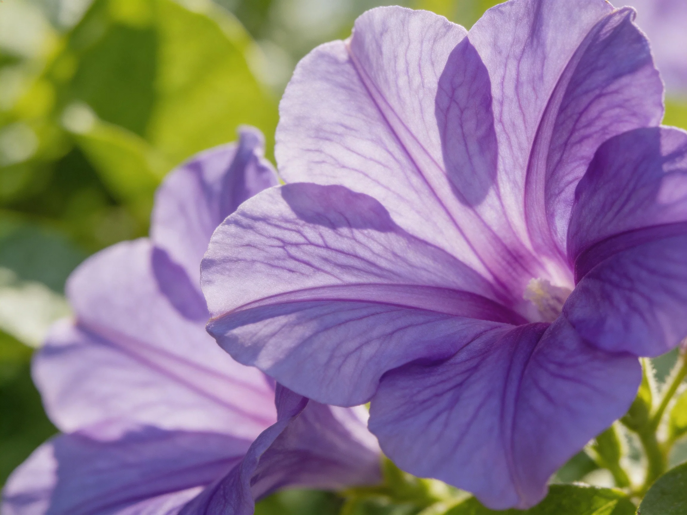 Large purple petunia flowers with green foliage in soft focus