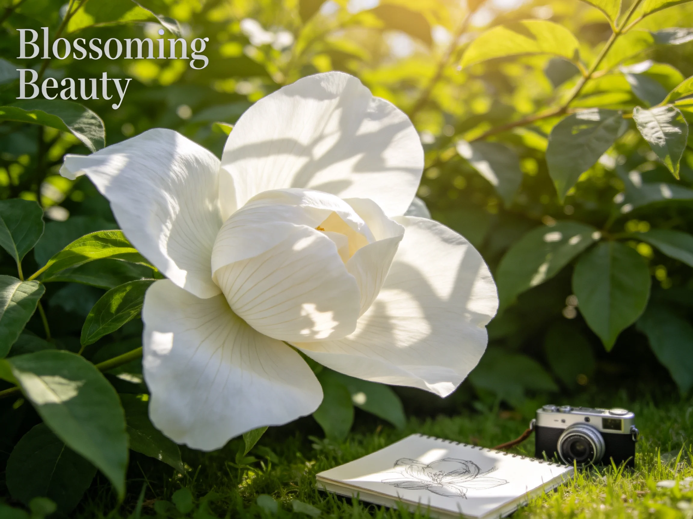 Large white flower in sunlit garden with camera and sketchbook