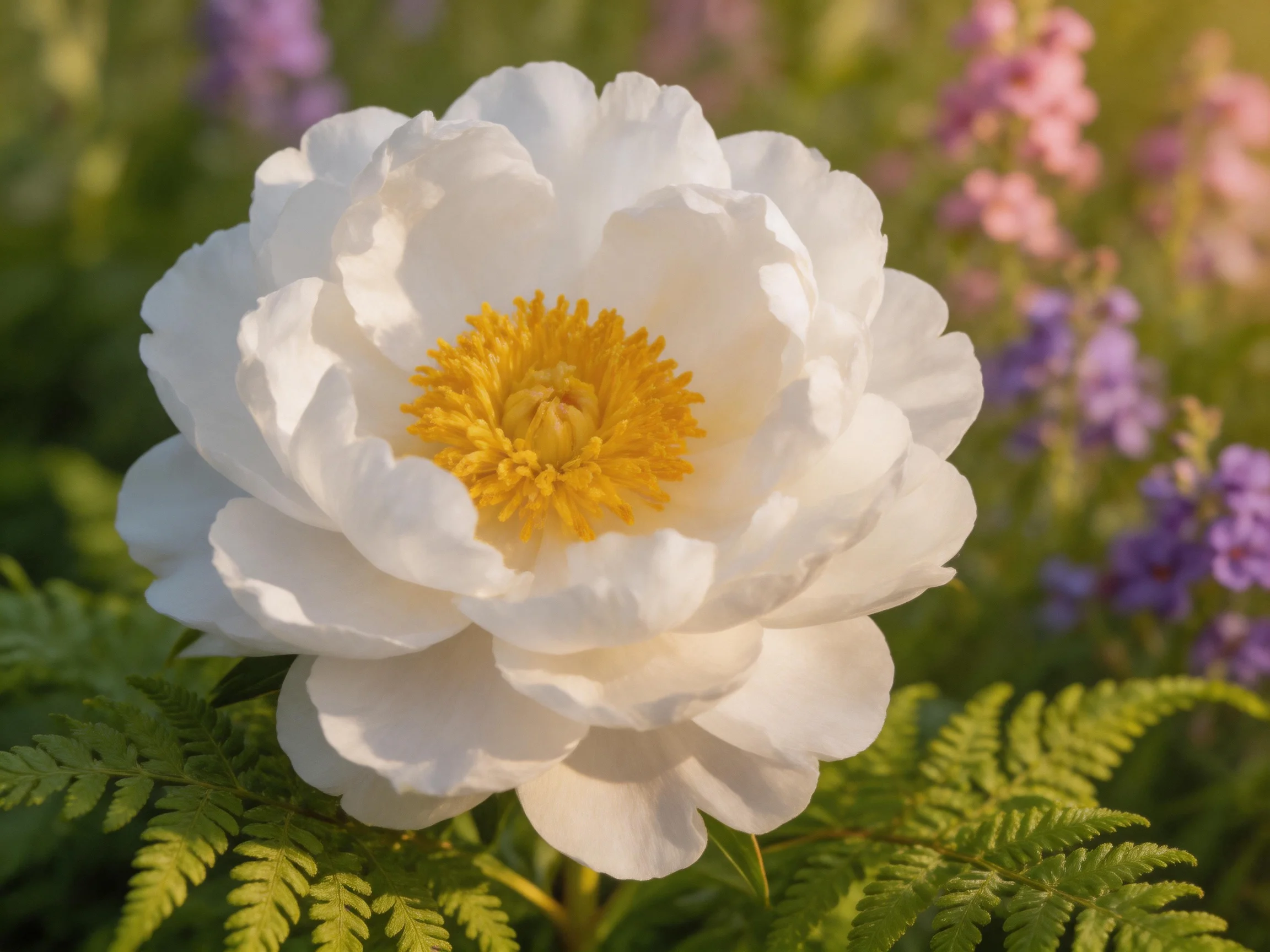 Large white peony with golden center amid ferns and pastel flowers