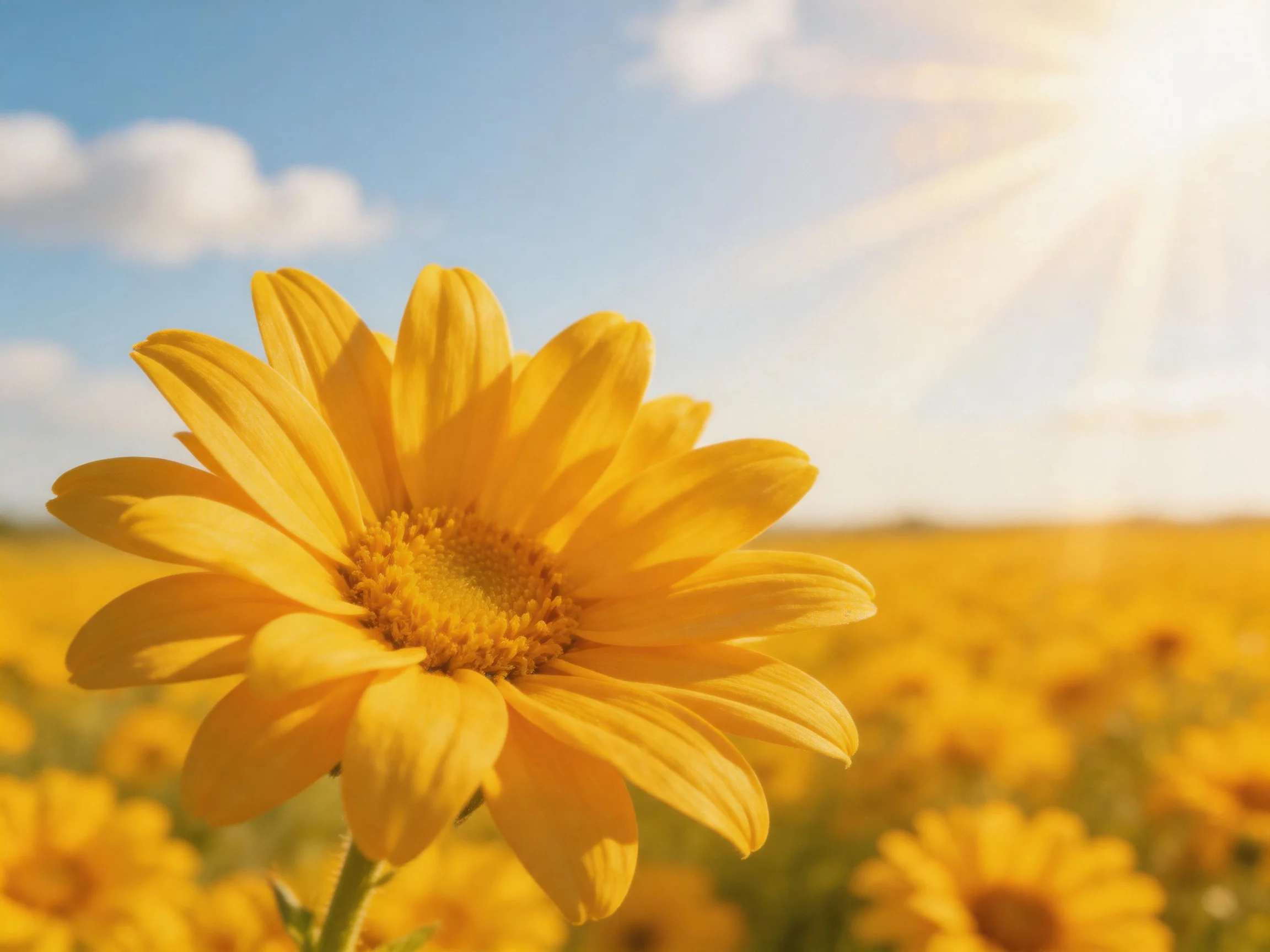 Large yellow flower amidst sunlit field of yellow blooms