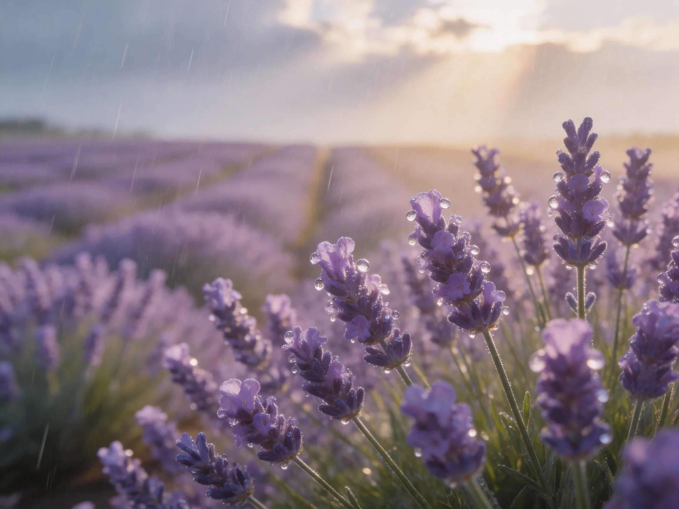 Lavender Fields Bathed in Golden Sunlight with Raindrops