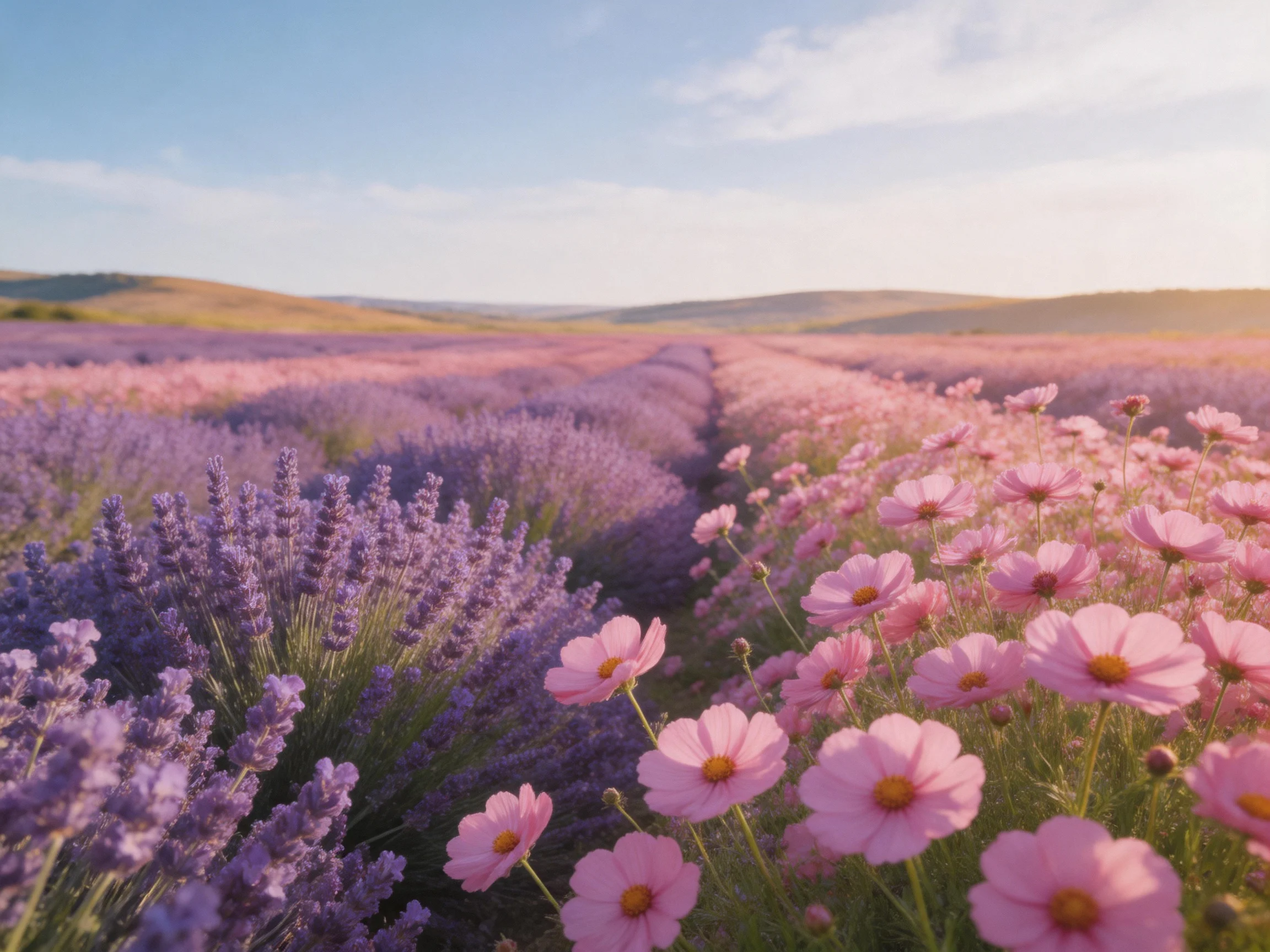 Lavender Fields and Pink Flower Beds Stretch Across Rolling Hills