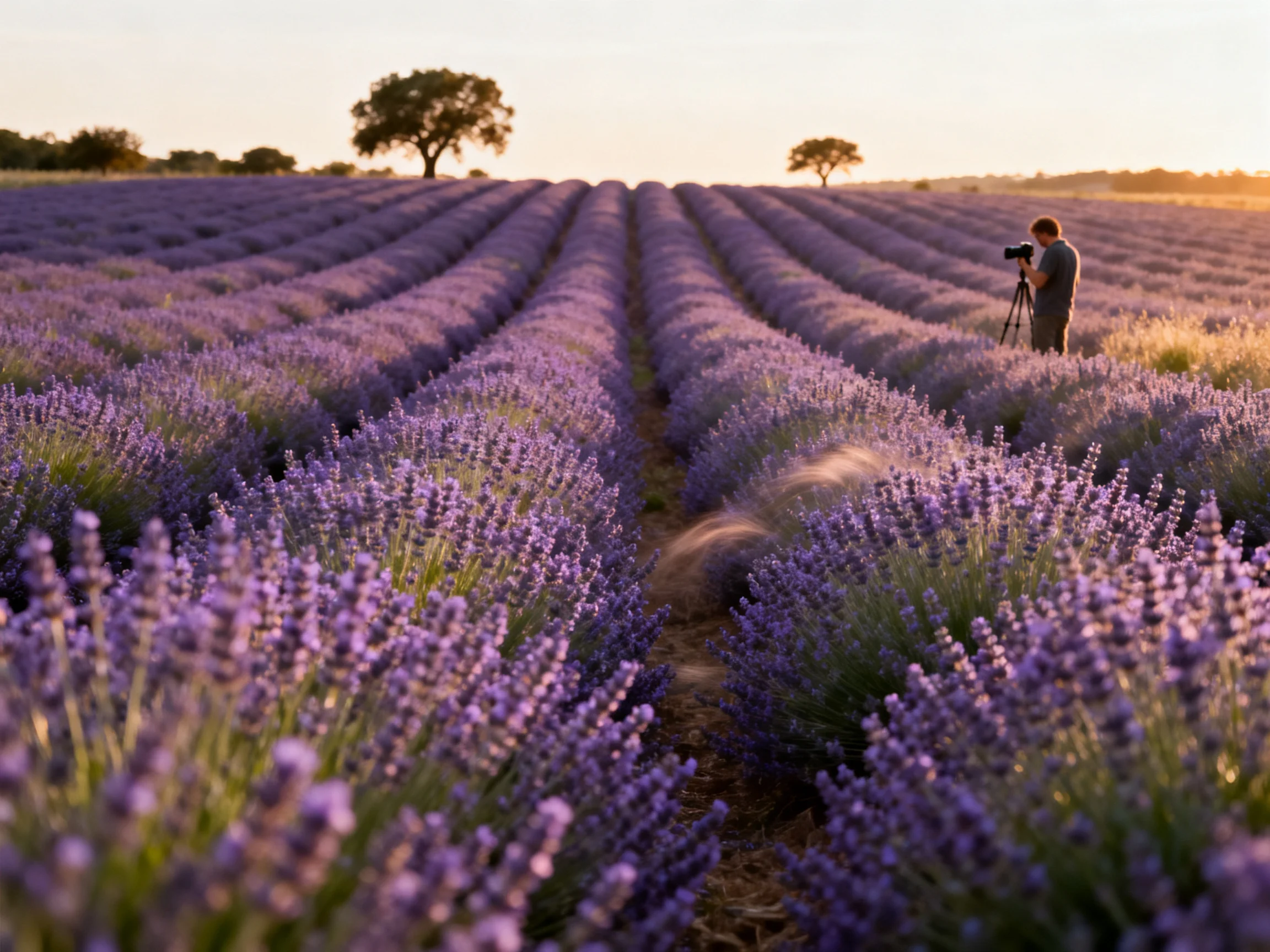 Lavender Fields with Rows of Purple Blooms at Sunset