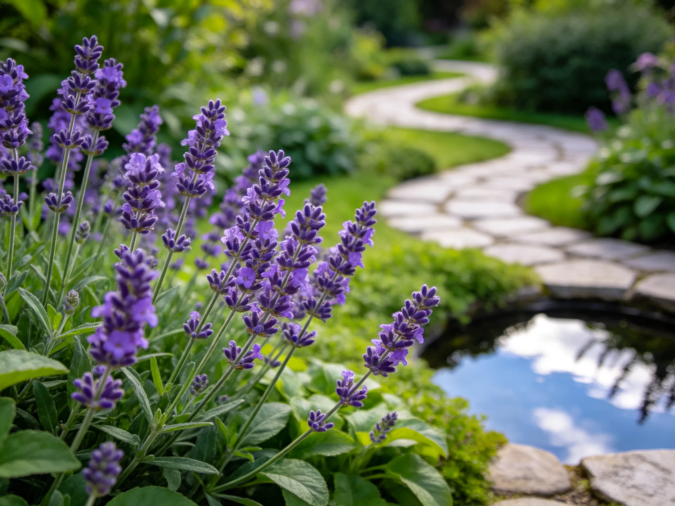 Lavender blooms near a winding stone path by a small pond