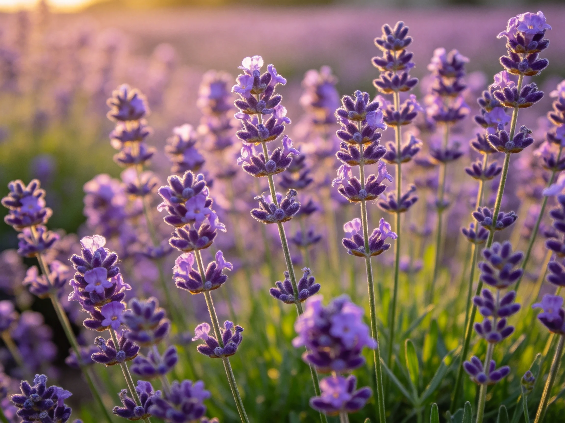 Lavender field blooming under golden sunset light