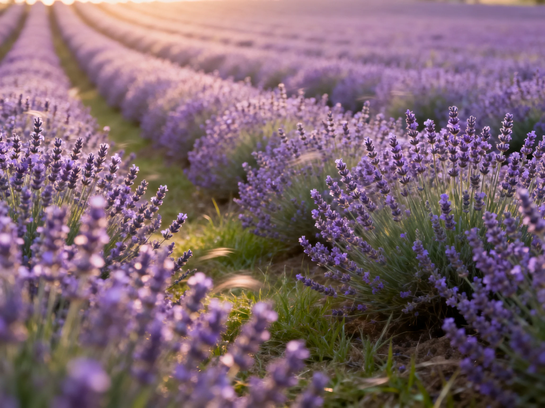 Lavender fields stretch into distance under soft golden light
